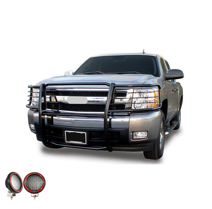 2014-2019 Chevrolet Silverado 1500 Grille Guard Kit Modular Pair of 5.3" Dia. LED Flood Lights w/ Red Trim Rings Wiring Harness and Switch | Black Horse Off Road - Image 1