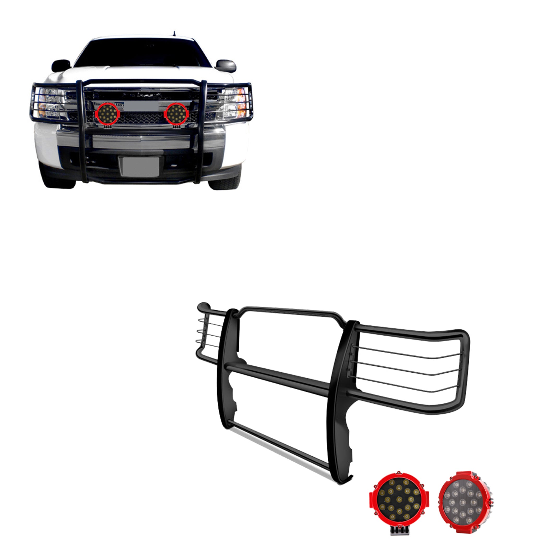 2014-2019 Chevrolet Silverado 1500 Grille Guard Kit Modular Incl. pair of 7.0"Dia. LED Lights w/Red Trim Rings w/ Wiring Harness and Switch | Black Horse Off Road - Image 1