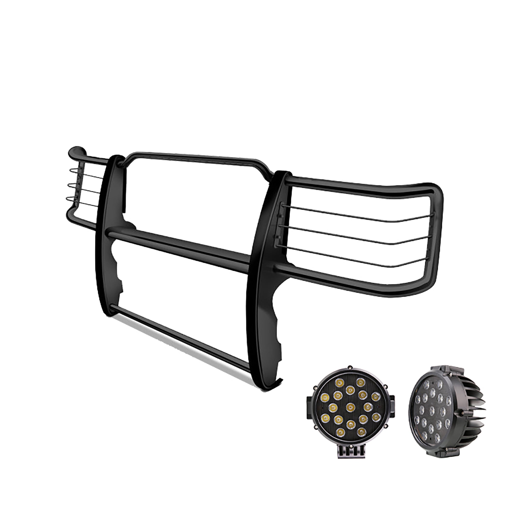 2015-2019 Chevrolet Silverado 2500 Hd Grille Guard Kit Modular Incl. pair of 7.0"Dia. LED Lights w/ Black Trim Rings w/ Wiring Harness and Switch | Black Horse Off Road - Image 1