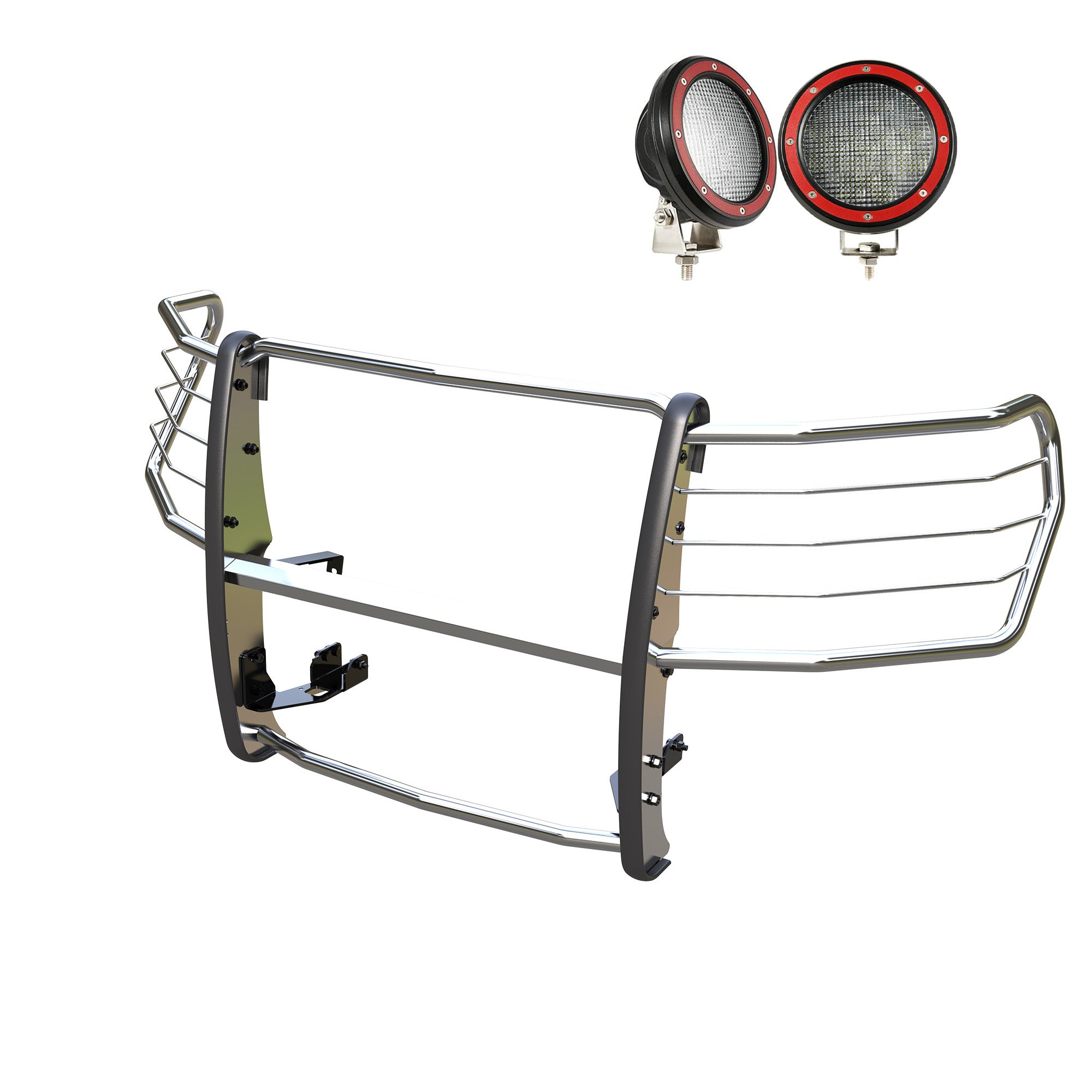 2019-2022 Chevrolet Silverado 1500 Grille Guard Kit Modular Pair of 5.3" Dia. LED Flood Lights w/ Red Trim Rings Wiring Harness and Switch | Black Horse Off Road - Image 1