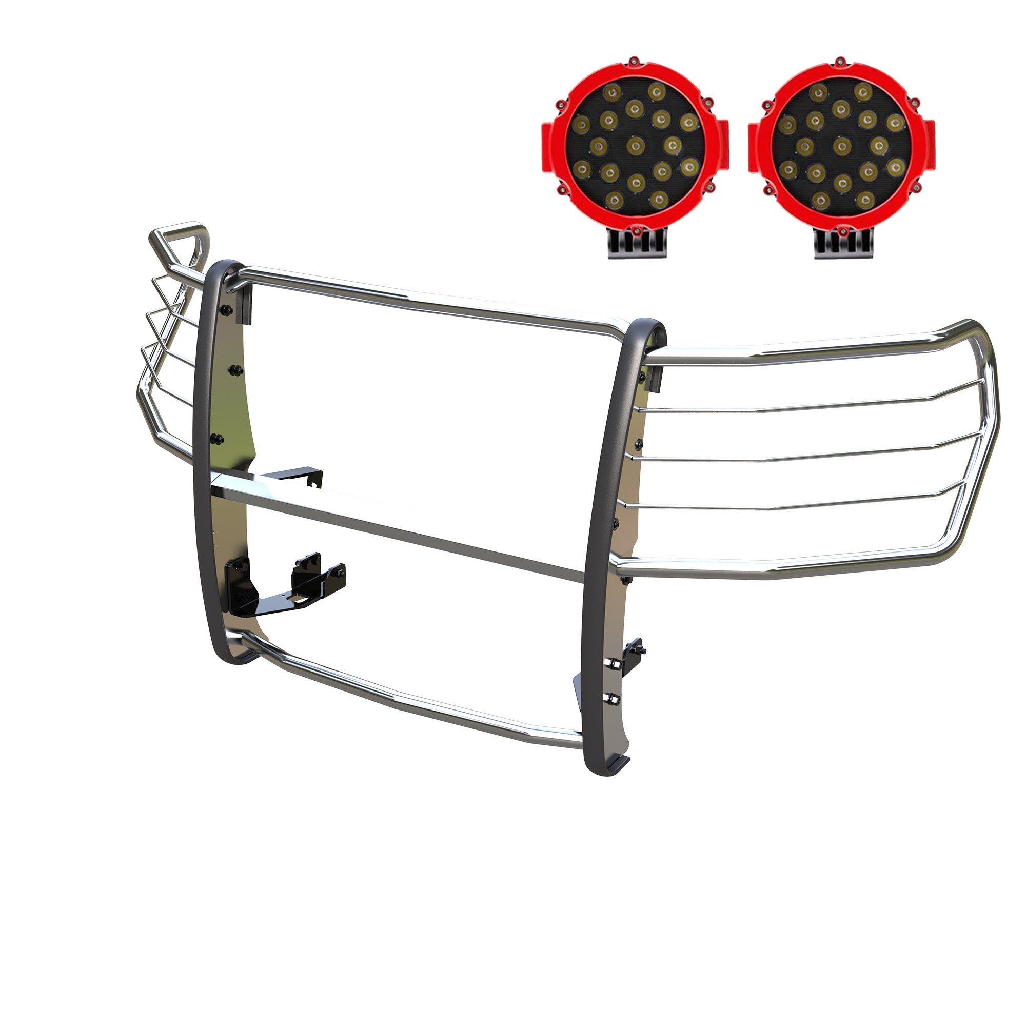 2019-2022 Chevrolet Silverado 1500 Grille Guard Kit Modular Incl. pair of 7.0"Dia. LED Lights w/Red Trim Rings w/ Wiring Harness and Switch | Black Horse Off Road - Image 1