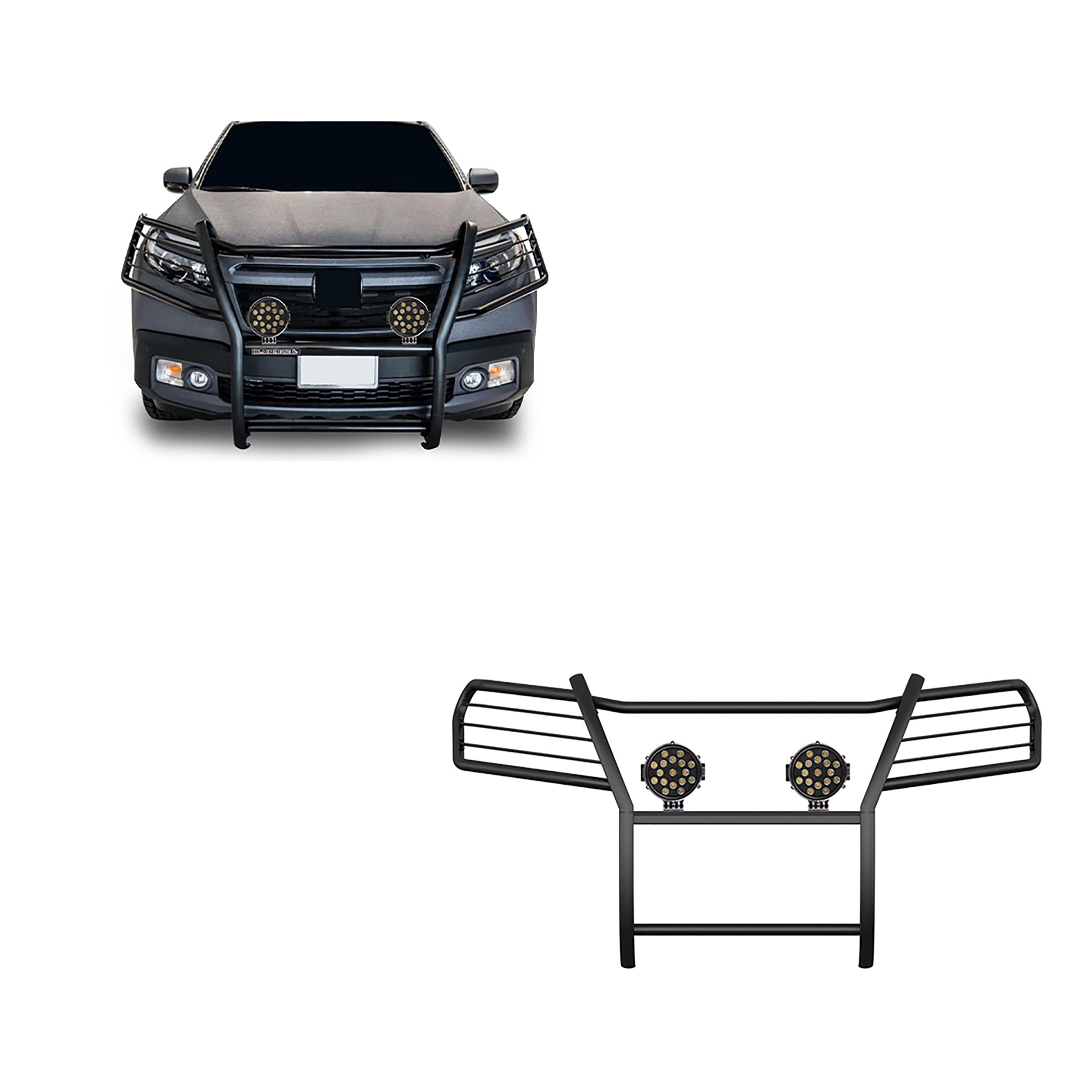 2016-2019 Honda Ridgeline Grille Guard Kit Modular Incl. pair of 7.0"Dia. LED Lights w/ Black Trim Rings w/ Wiring Harness and Switch | Black Horse Off Road - Image 1