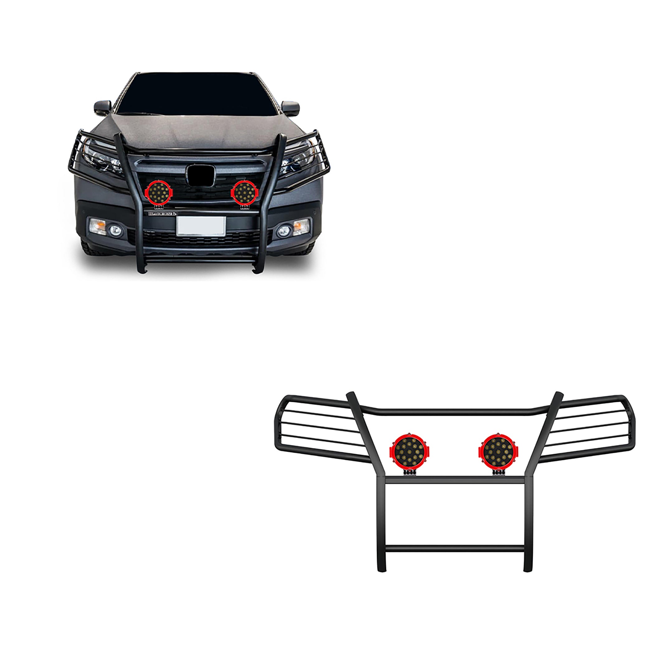 2016-2019 Honda Ridgeline Grille Guard Kit Modular Incl. pair of 7.0"Dia. LED Lights w/Red Trim Rings w/ Wiring Harness and Switch | Black Horse Off Road - Image 1