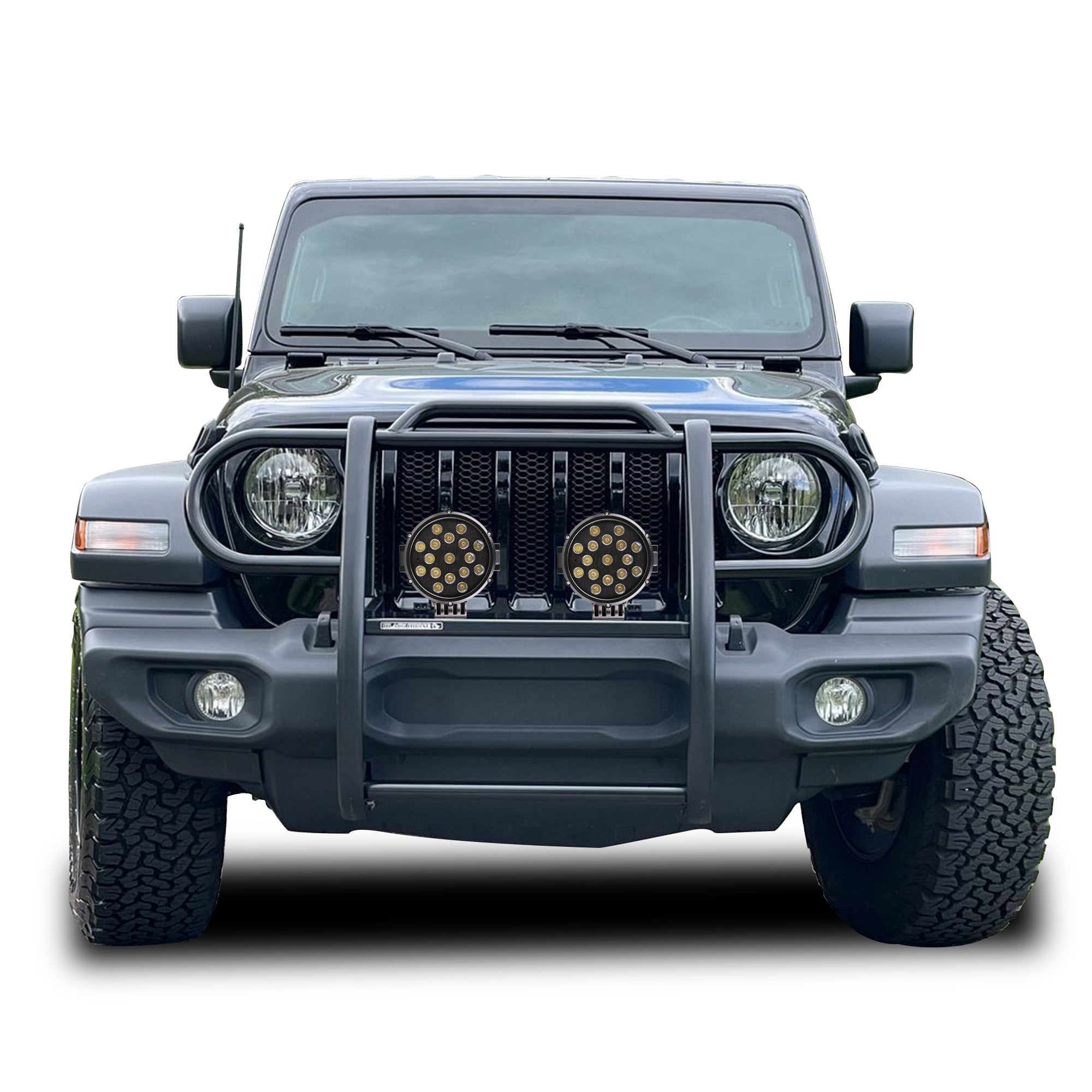2018-2025 Jeep Gladiator Grille Guard Kit Modular Incl. pair of 7.0"Dia. LED Lights w/ Black Trim Rings w/ Wiring Harness and Switch | Black Horse Off Road - Image 1