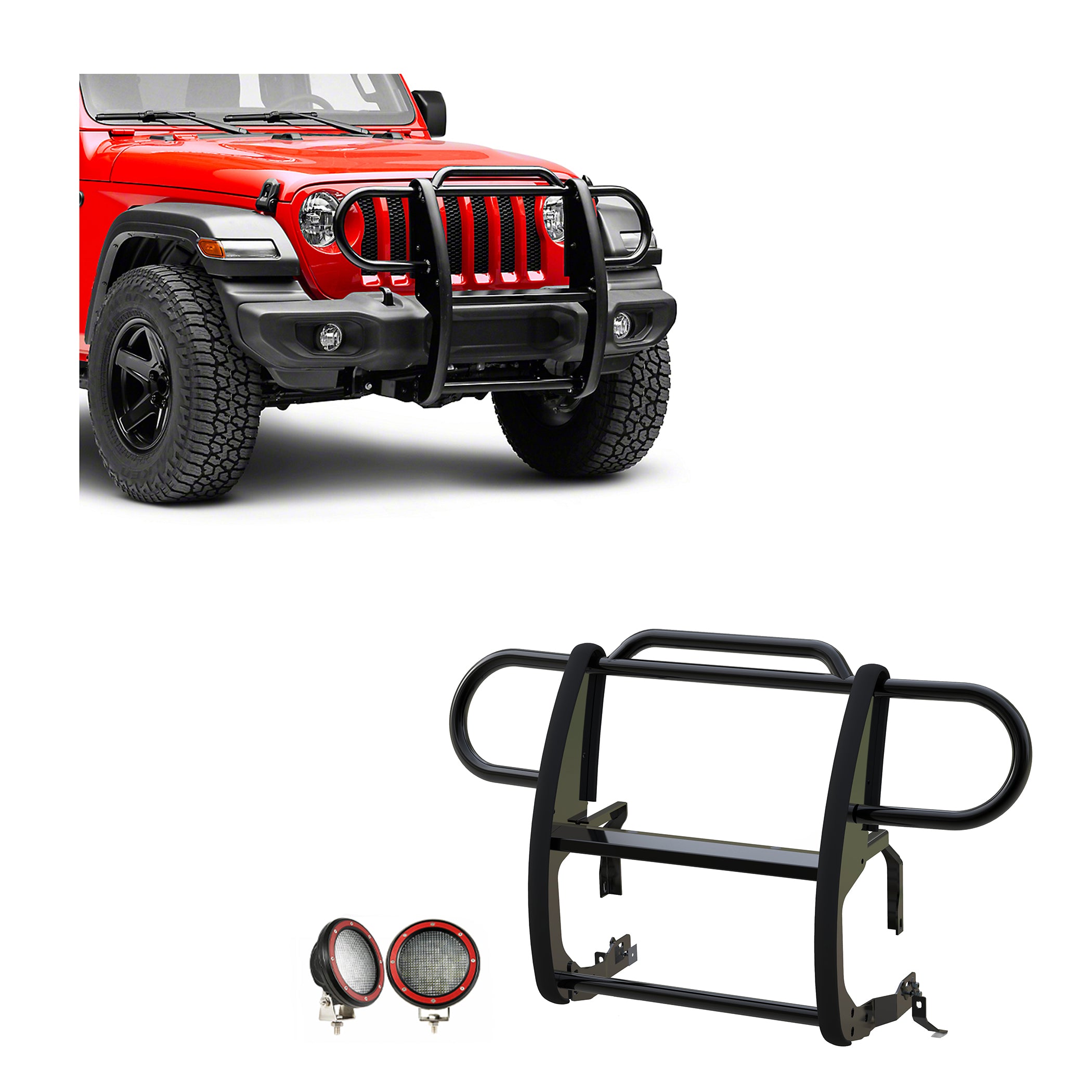 2018-2025 Jeep Gladiator Grille Guard Kit Modular Pair of 5.3" Dia. LED Flood Lights w/ Red Trim Rings Wiring Harness and Switch | Black Horse Off Road - Image 1