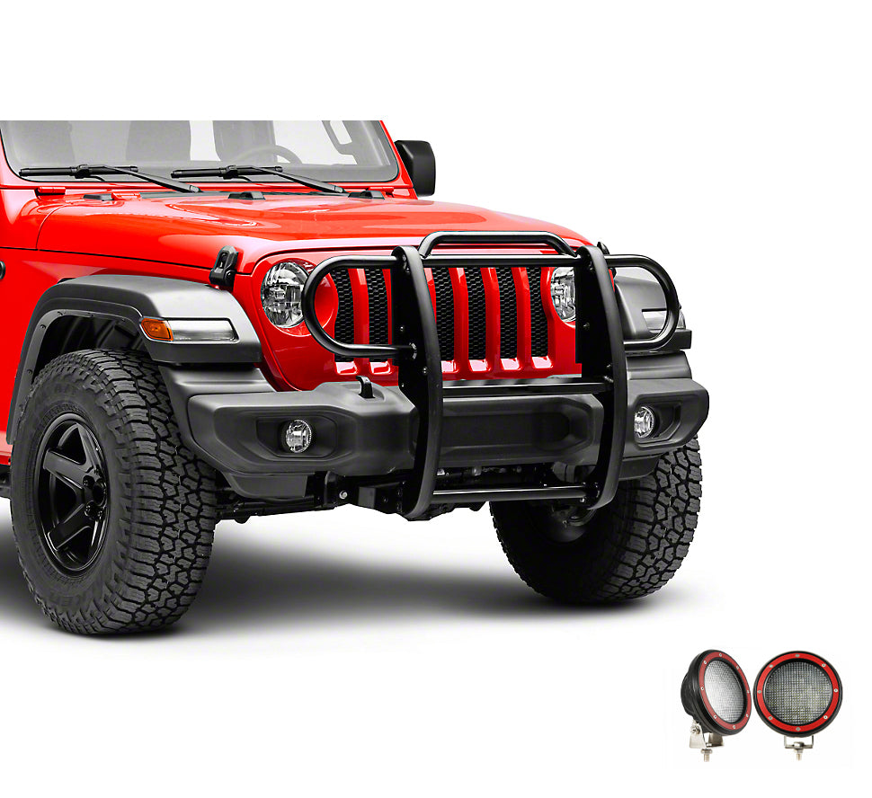 2018-2025 Jeep Gladiator Grille Guard Kit Modular Pair of 5.3" Dia. LED Flood Lights w/ Red Trim Rings Wiring Harness and Switch | Black Horse Off Road - Image 5
