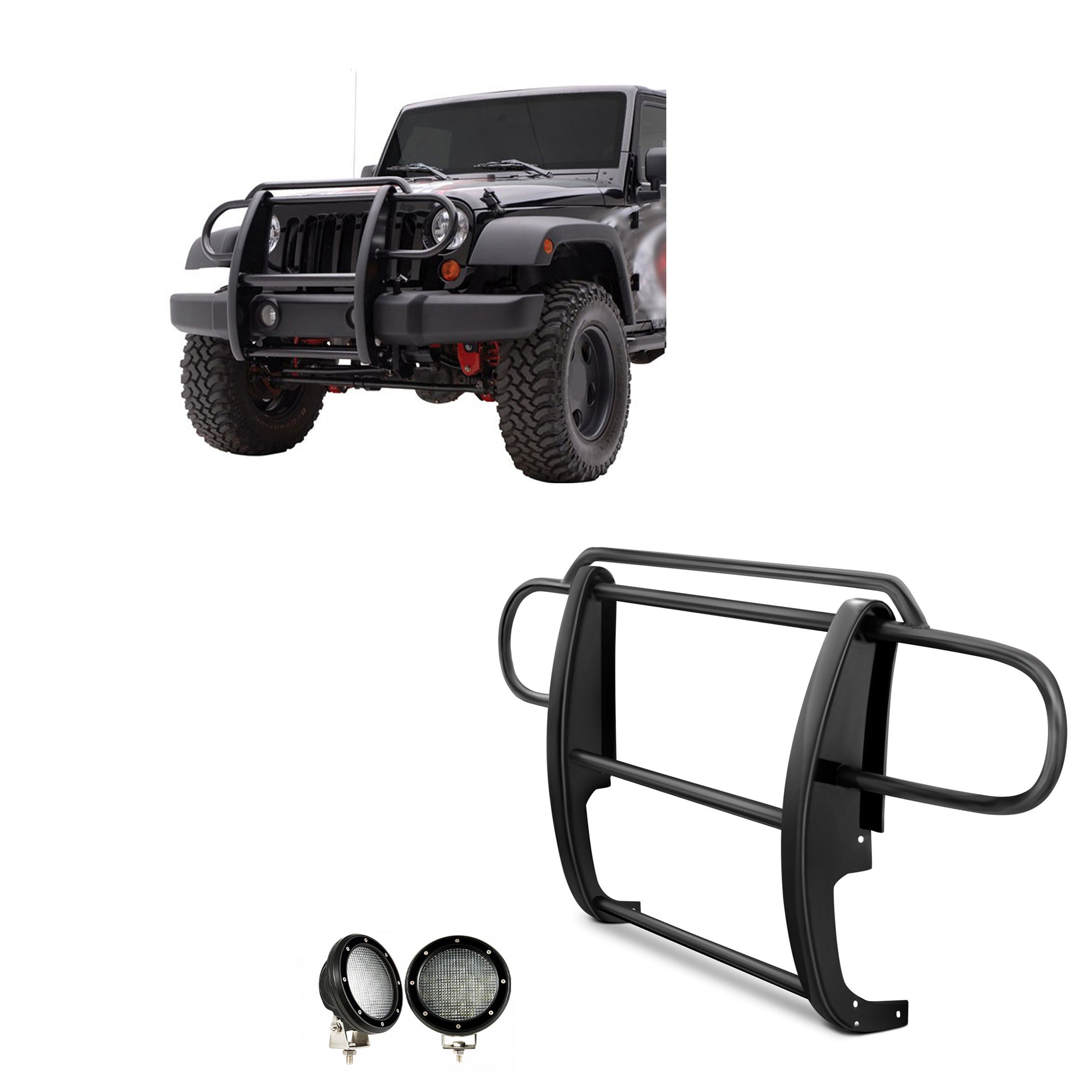 2007-2018 Jeep Wrangler Grille Guard Kit Modular Pair of 5.3" Dia. LED Flood Lights w/ Black Trim Rings Wiring Harness and Switch | Black Horse Off Road - Image 1