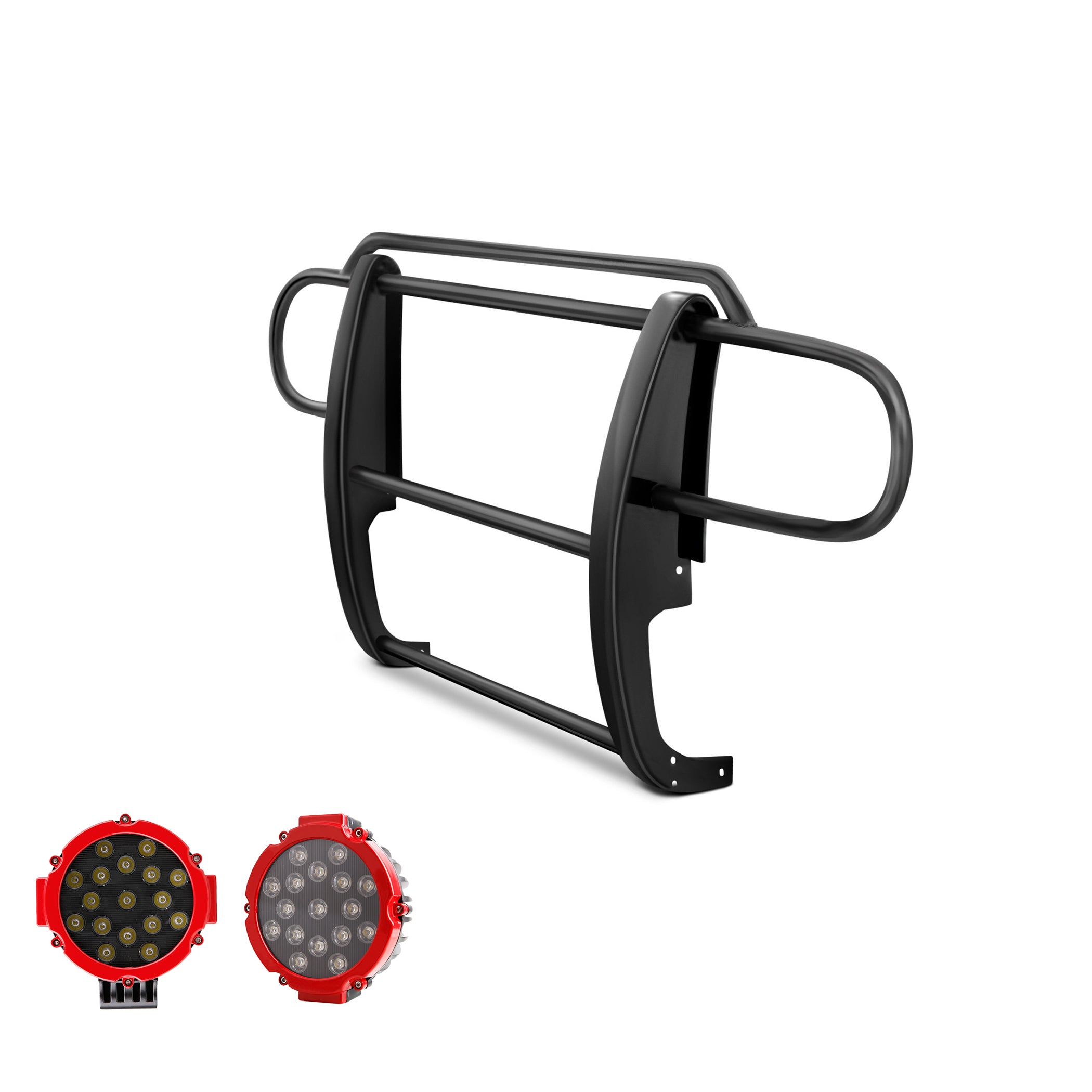 2007-2018 Jeep Wrangler Grille Guard Kit Modular Incl. pair of 7.0"Dia. LED Lights w/Red Trim Rings w/ Wiring Harness and Switch | Black Horse Off Road - Image 1