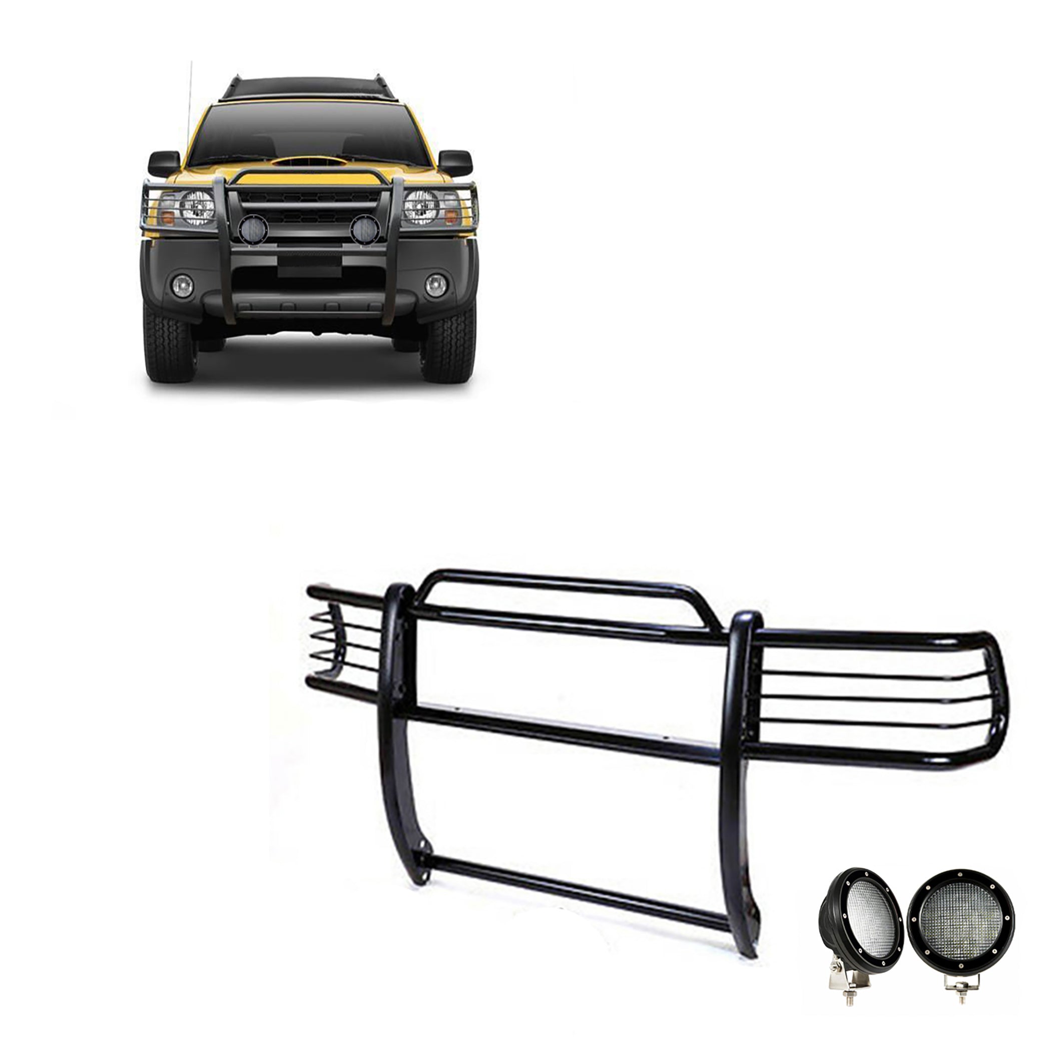 2002-2004 Nissan Frontier Grille Guard Kit Modular Pair of 5.3" Dia. LED Flood Lights w/ Black Trim Rings Wiring Harness and Switch | Black Horse Off Road - Image 1