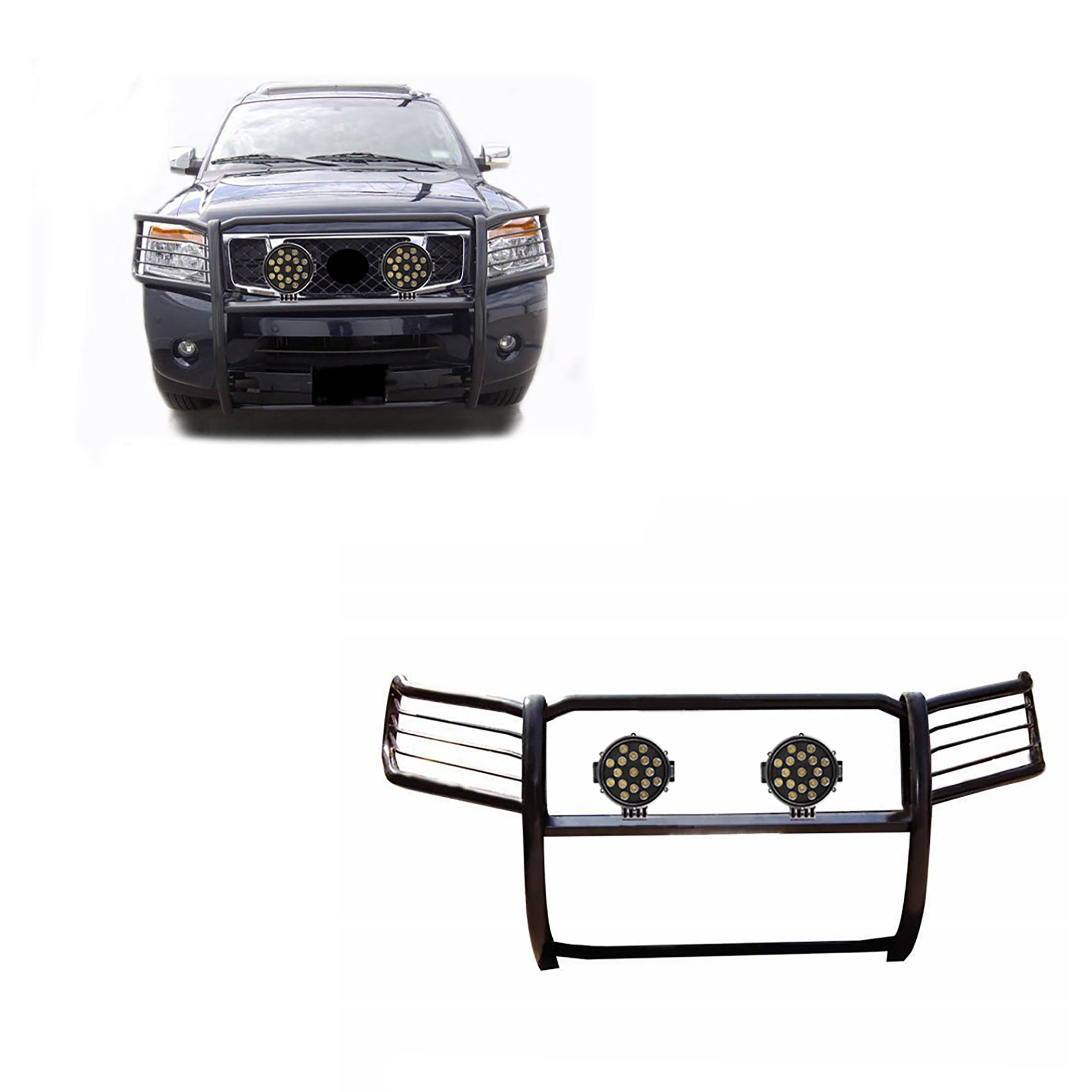 2004-2015 Nissan Titan Grille Guard Kit Modular Incl. pair of 7.0"Dia. LED Lights w/ Black Trim Rings w/ Wiring Harness and Switch | Black Horse Off Road - Image 1
