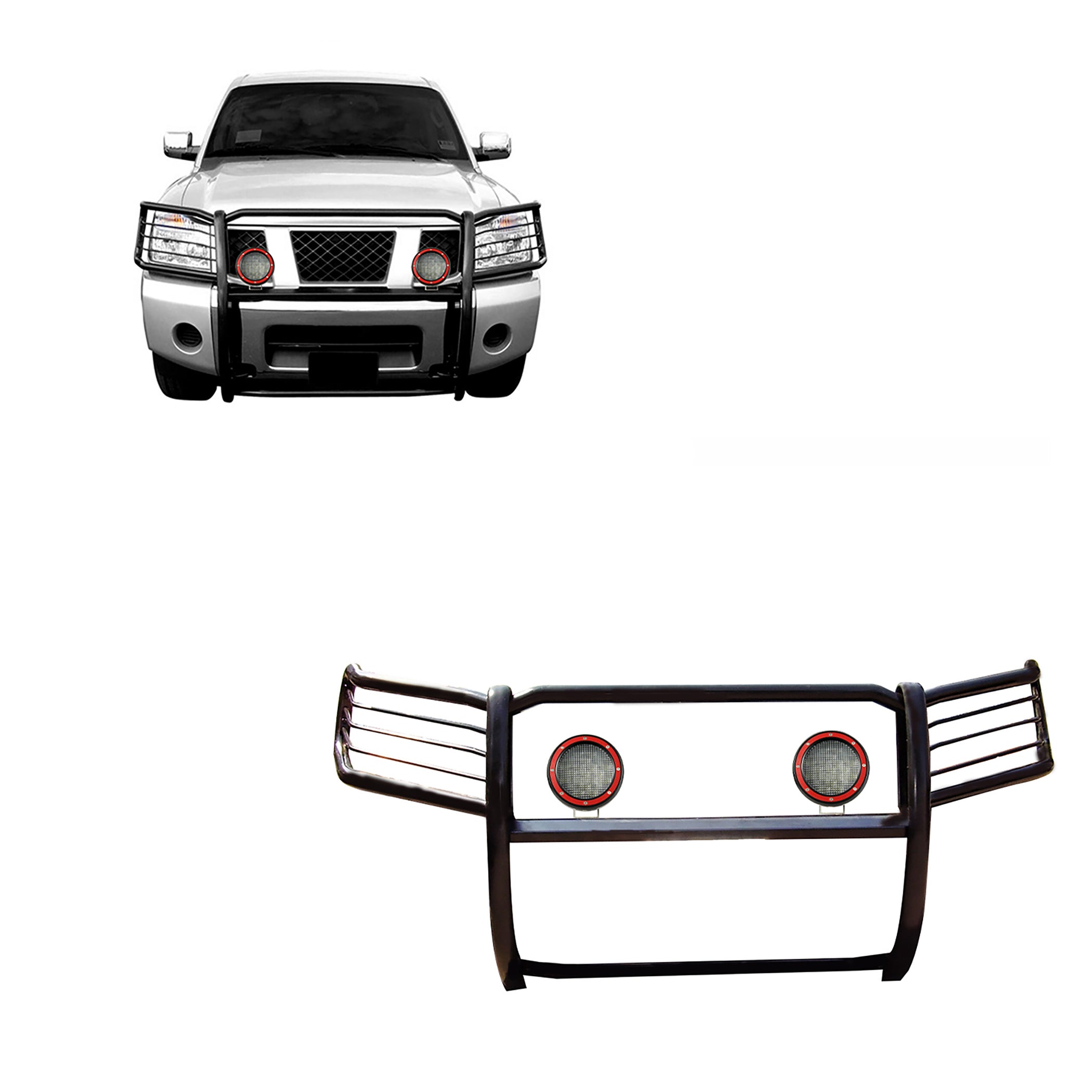 2004-2015 Nissan Titan Grille Guard Kit Modular Pair of 5.3" Dia. LED Flood Lights w/ Red Trim Rings Wiring Harness and Switch | Black Horse Off Road - Image 1