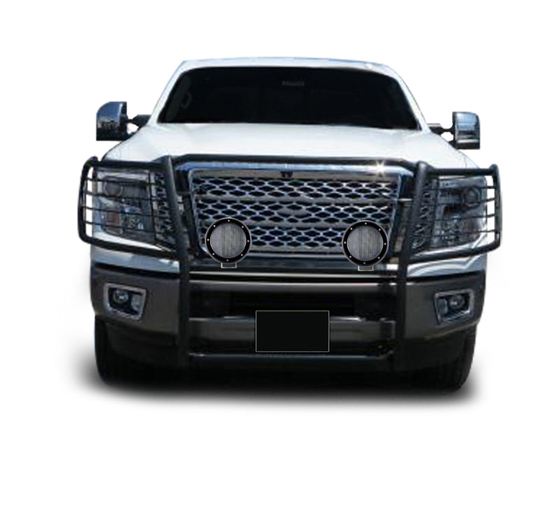 2017-2024 Nissan Titan Grille Guard Kit Modular Pair of 5.3" Dia. LED Flood Lights w/ Black Trim Rings Wiring Harness and Switch | Black Horse Off Road - Image 1