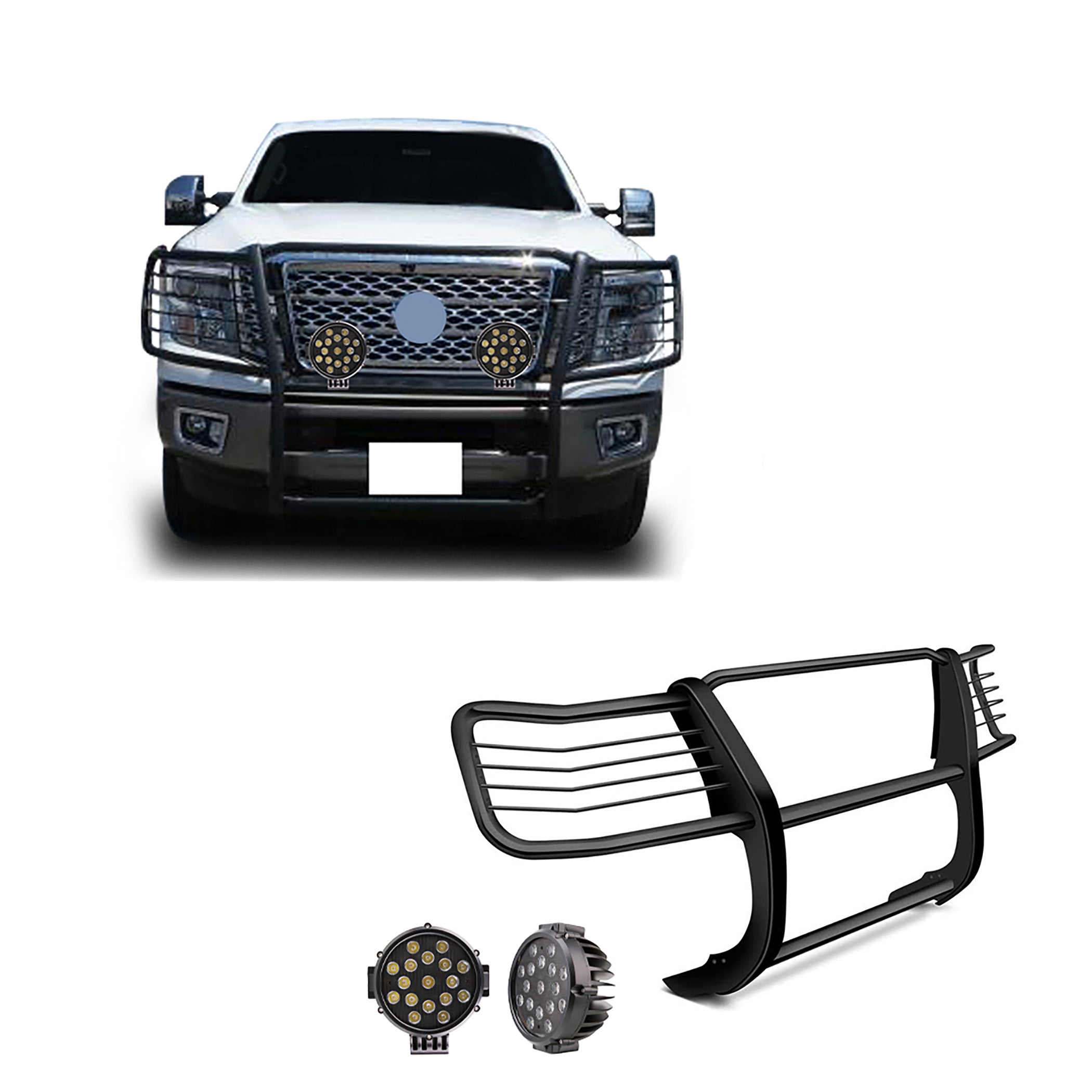 2016-2024 Nissan Titan Xd Grille Guard Kit Modular Incl. pair of 7.0"Dia. LED Lights w/ Black Trim Rings w/ Wiring Harness and Switch | Black Horse Off Road - Image 1