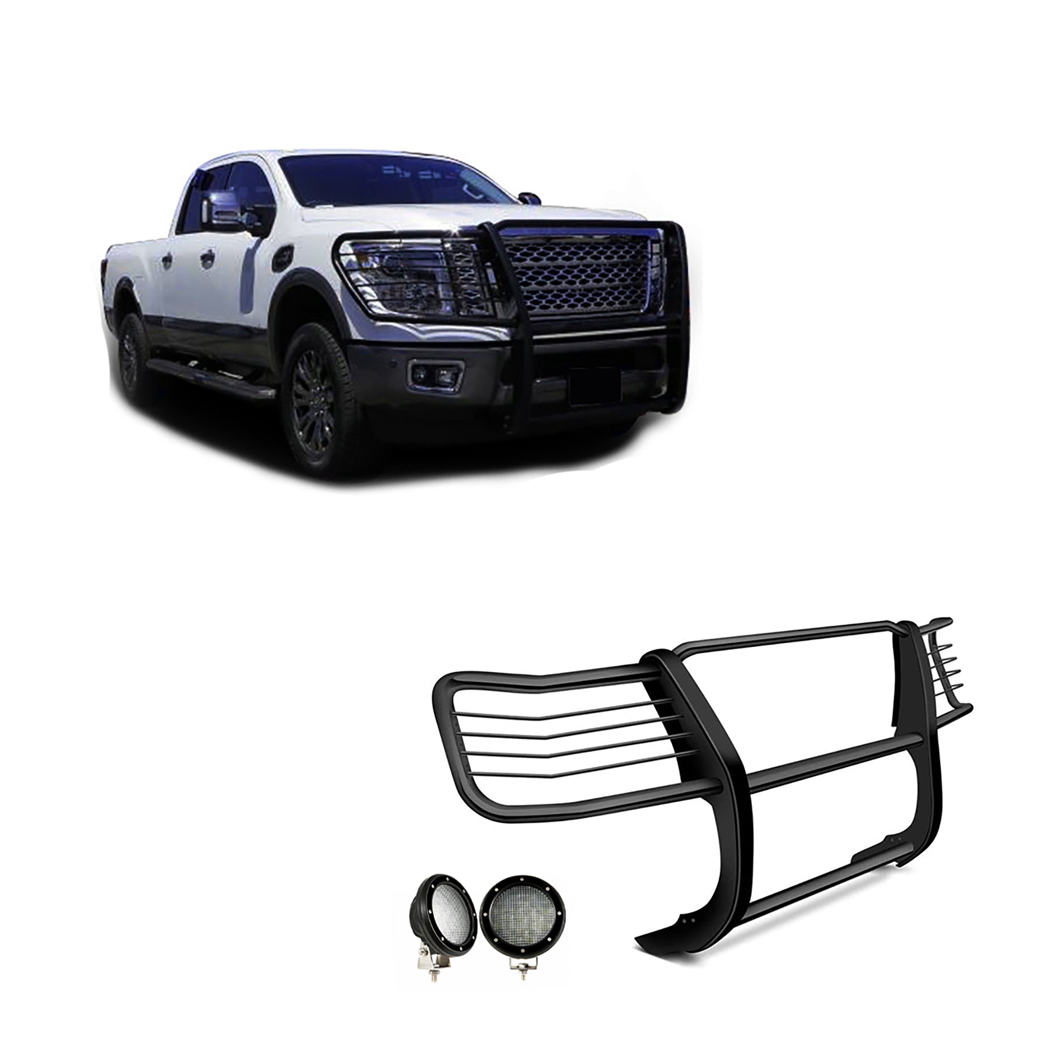 2016-2024 Nissan Titan Xd Grille Guard Kit Modular Pair of 5.3" Dia. LED Flood Lights w/ Black Trim Rings Wiring Harness and Switch | Black Horse Off Road - Image 1