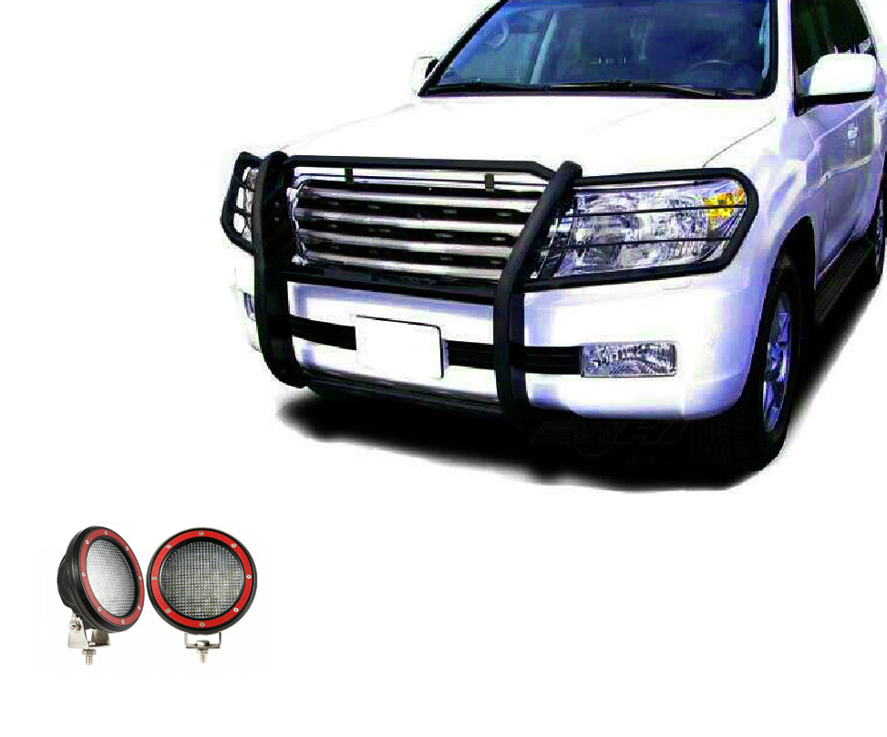 1998-2007 Toyota Land Cruiser Grille Guard Kit Modular Pair of 5.3" Dia. LED Flood Lights w/ Red Trim Rings Wiring Harness and Switch | Black Horse Off Road - Image 6