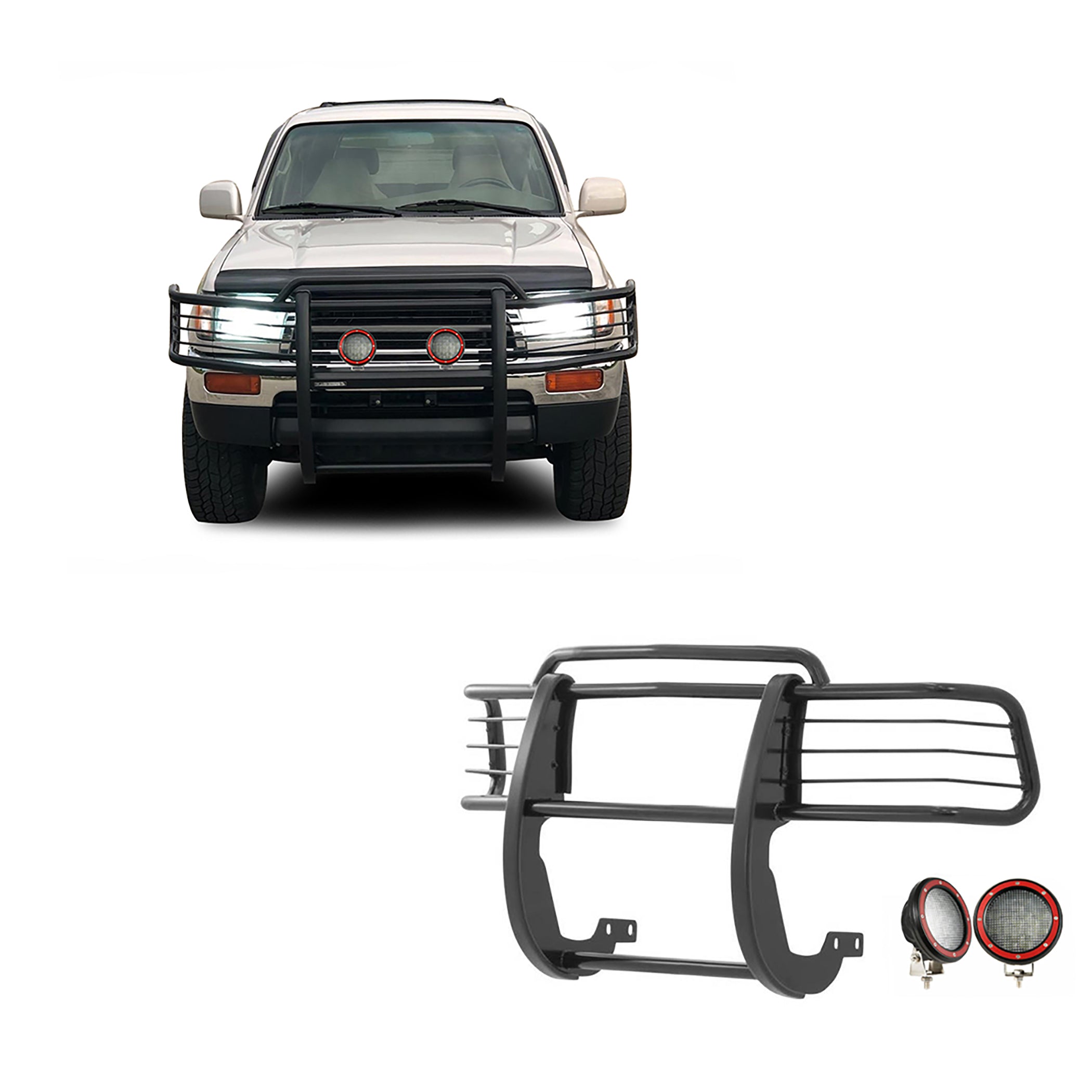 1996-2000 Toyota 4Runner Grille Guard Kit Modular Pair of 5.3" Dia. LED Flood Lights w/ Red Trim Rings Wiring Harness and Switch | Black Horse Off Road - Image 1