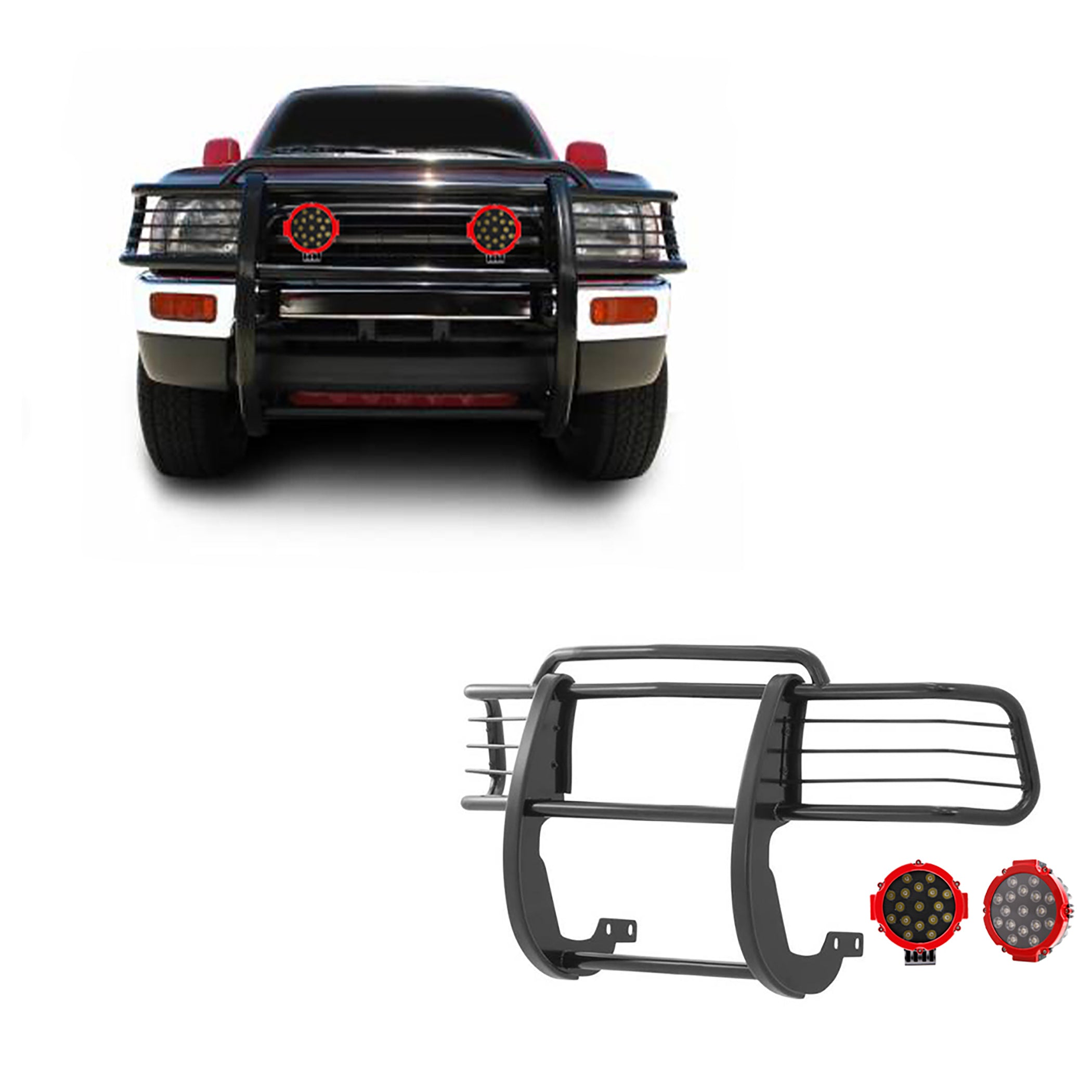 1996-2000 Toyota 4Runner Grille Guard Kit Modular Incl. pair of 7.0"Dia. LED Lights w/Red Trim Rings w/ Wiring Harness and Switch | Black Horse Off Road - Image 1