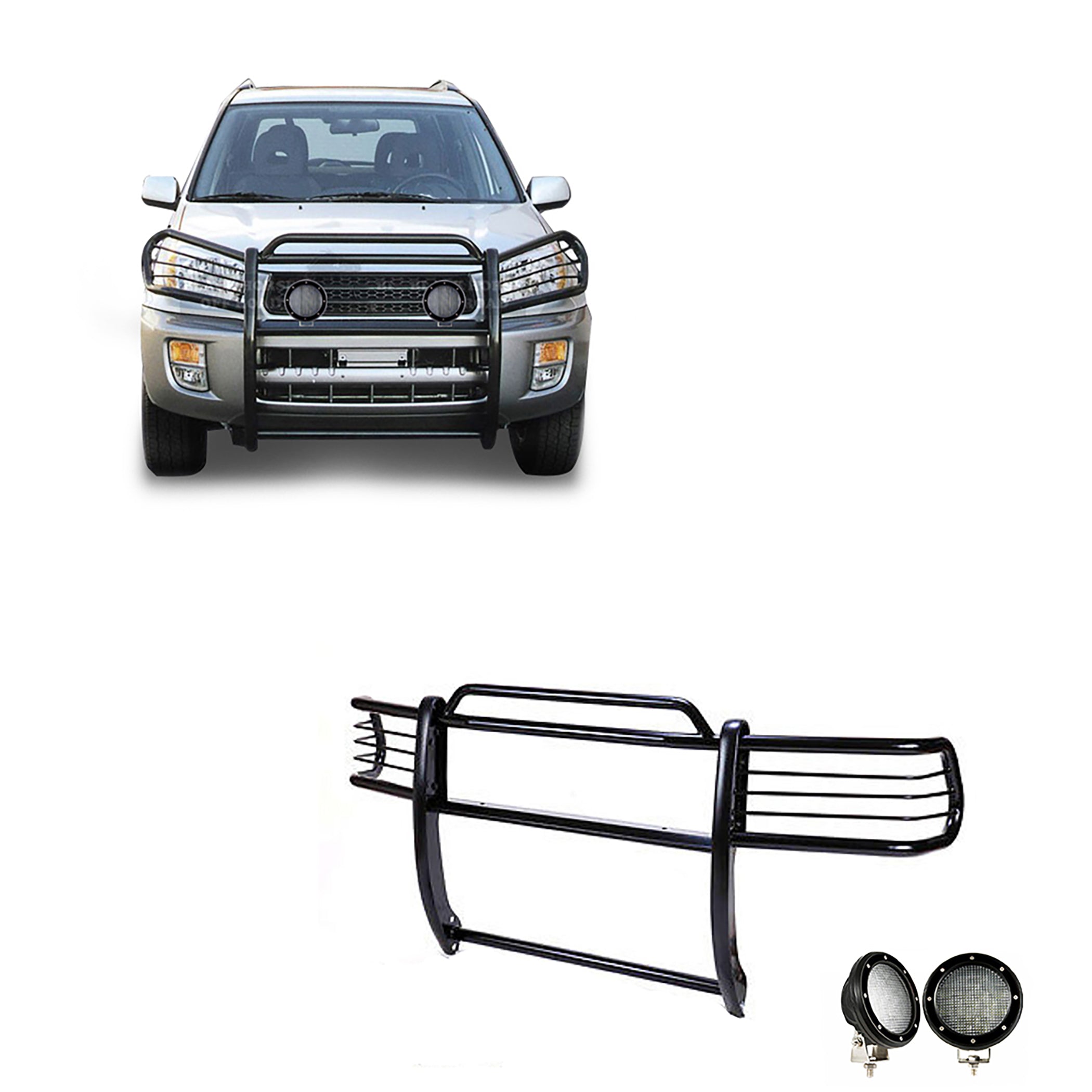 2001-2005 Toyota Rav4 Grille Guard Kit Modular Pair of 5.3" Dia. LED Flood Lights w/ Black Trim Rings Wiring Harness and Switch | Black Horse Off Road - Image 1
