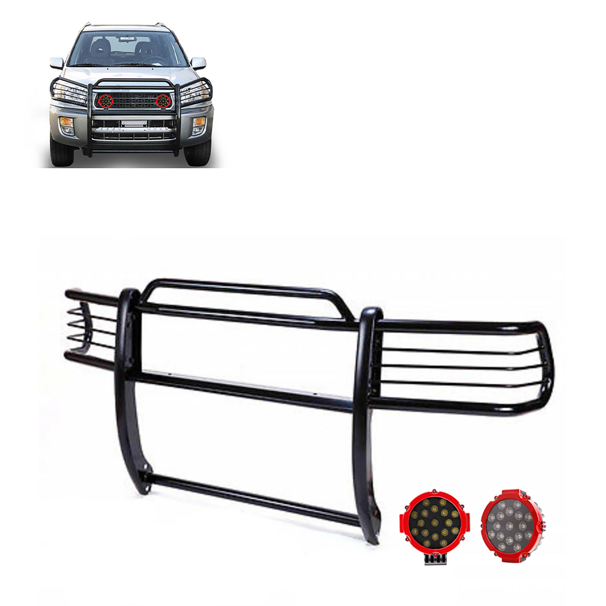 2001-2005 Toyota Rav4 Grille Guard Kit Modular Incl. pair of 7.0"Dia. LED Lights w/Red Trim Rings w/ Wiring Harness and Switch | Black Horse Off Road - Image 1