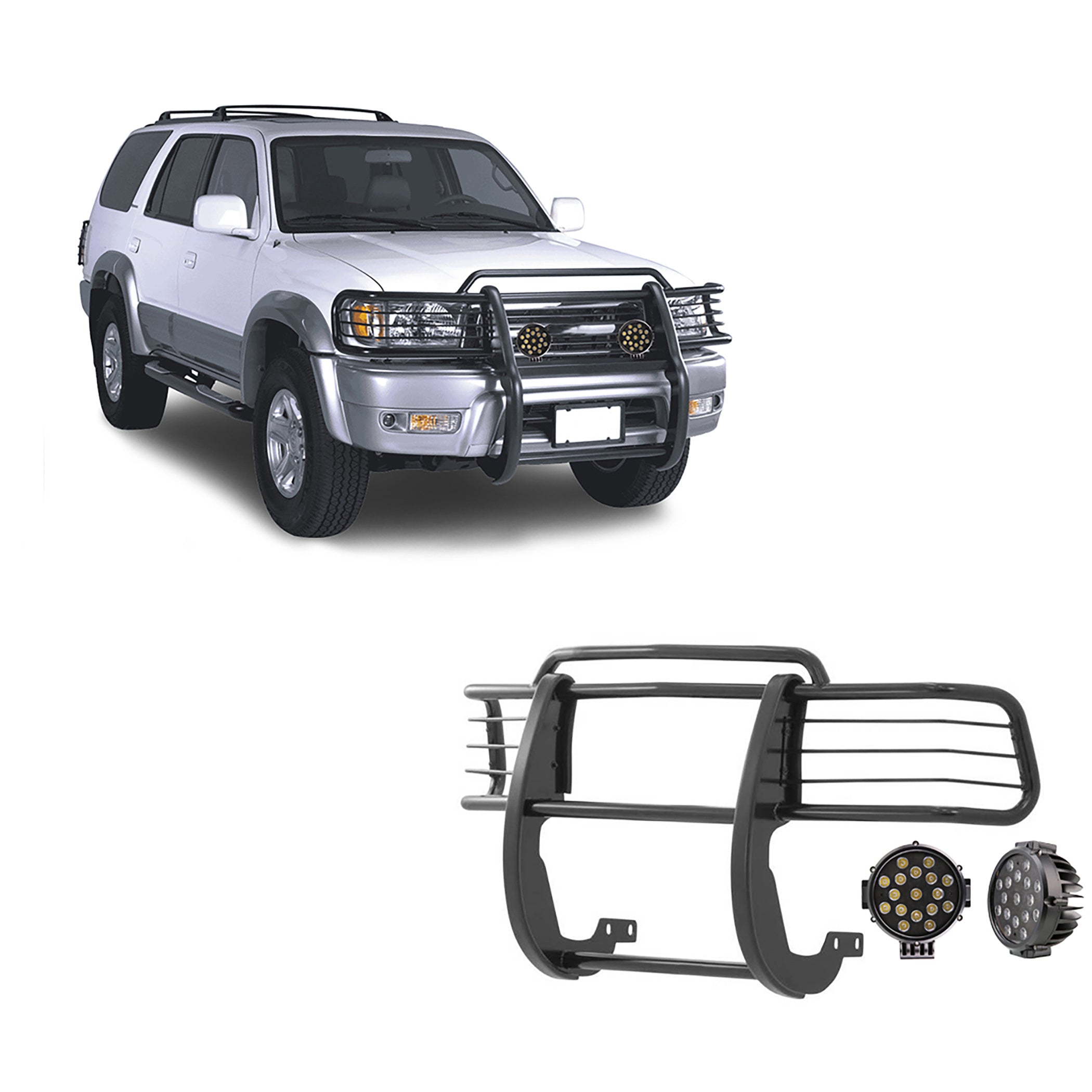 1999-2002 Toyota 4Runner Grille Guard Kit Modular Incl. pair of 7.0"Dia. LED Lights w/ Black Trim Rings w/ Wiring Harness and Switch | Black Horse Off Road - Image 1
