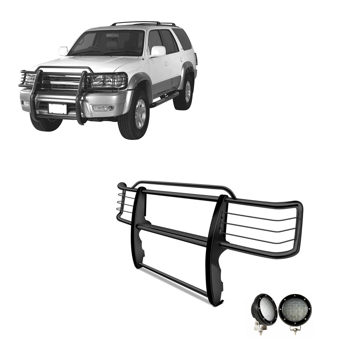 1999-2002 Toyota 4Runner Grille Guard Kit Modular Pair of 5.3" Dia. LED Flood Lights w/ Black Trim Rings Wiring Harness and Switch | Black Horse Off Road - Image 1