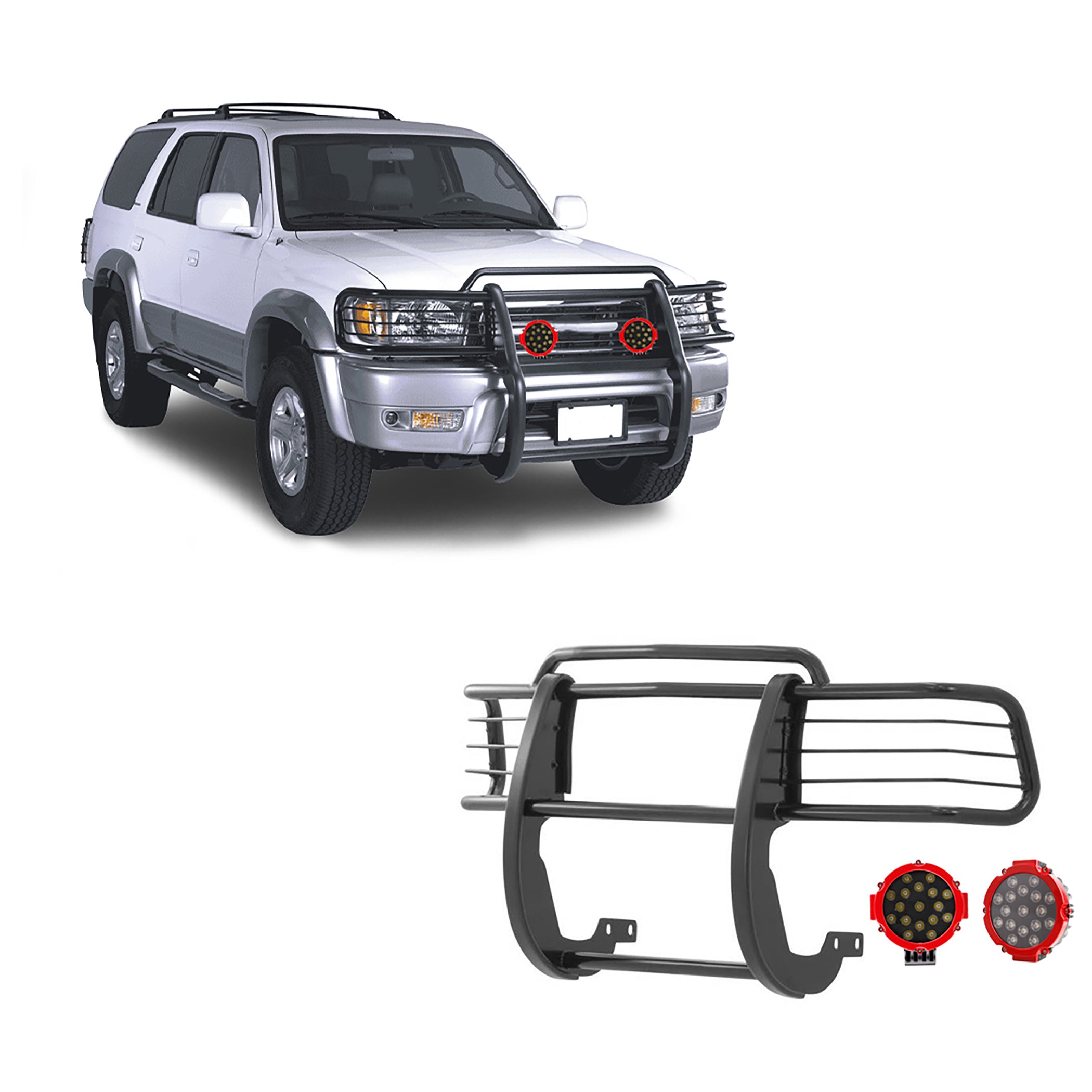 1999-2002 Toyota 4Runner Grille Guard Kit Modular Incl. pair of 7.0"Dia. LED Lights w/Red Trim Rings w/ Wiring Harness and Switch | Black Horse Off Road - Image 1