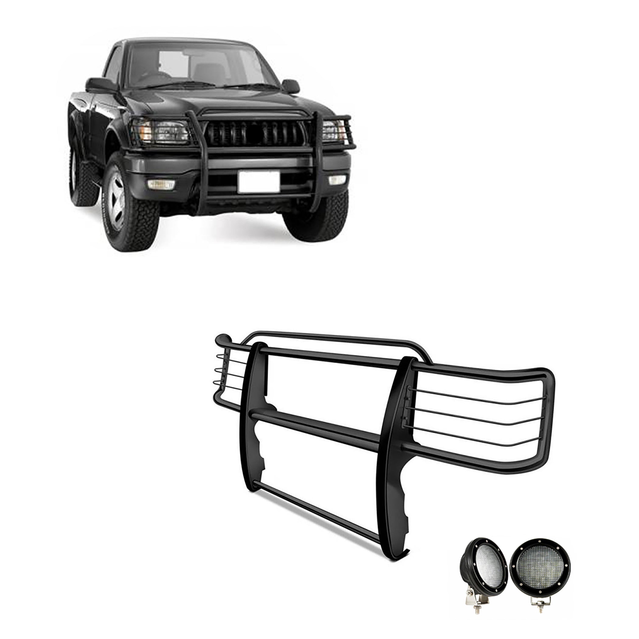2001-2004 Toyota Tacoma Grille Guard Kit Modular Pair of 5.3" Dia. LED Flood Lights w/ Black Trim Rings Wiring Harness and Switch | Black Horse Off Road - Image 1