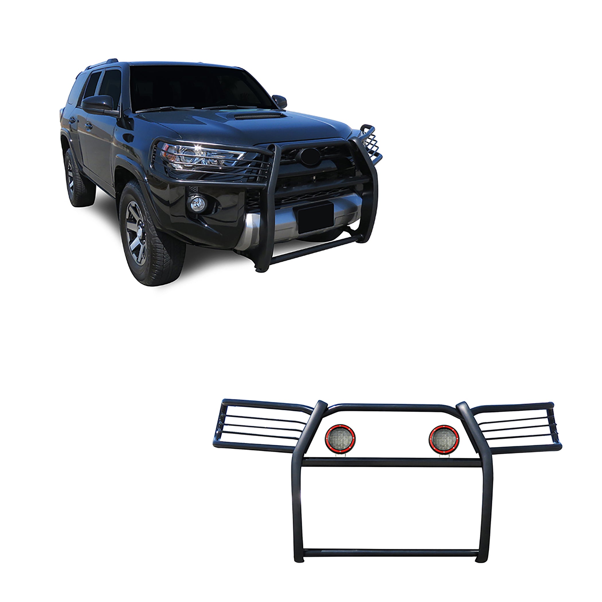2010-2024 Toyota 4Runner Grille Guard Kit Modular Pair of 5.3" Dia. LED Flood Lights w/ Red Trim Rings Wiring Harness and Switch | Black Horse Off Road - Image 1