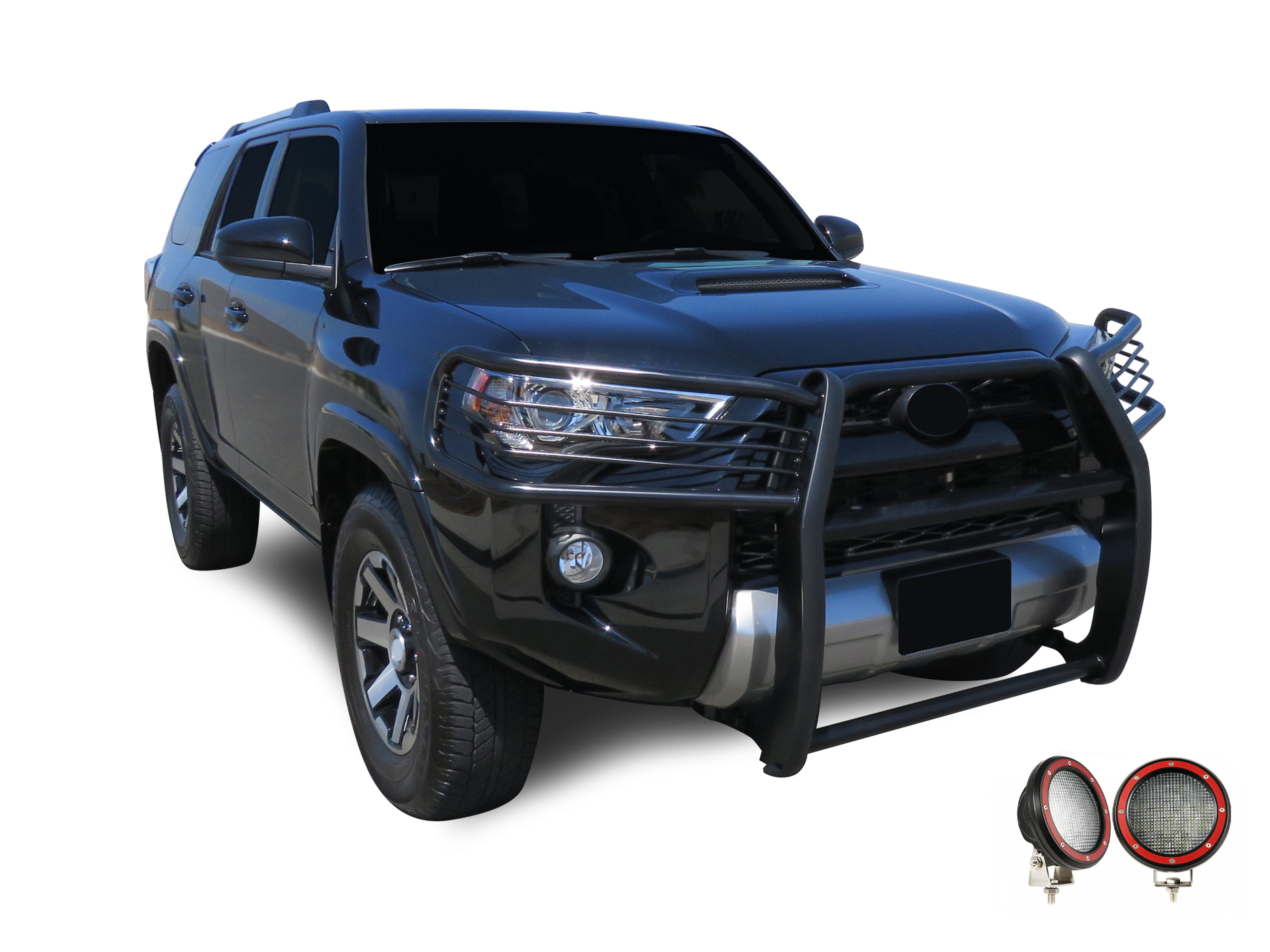 2010-2024 Toyota 4Runner Grille Guard Kit Modular Pair of 5.3" Dia. LED Flood Lights w/ Red Trim Rings Wiring Harness and Switch | Black Horse Off Road - Image 7