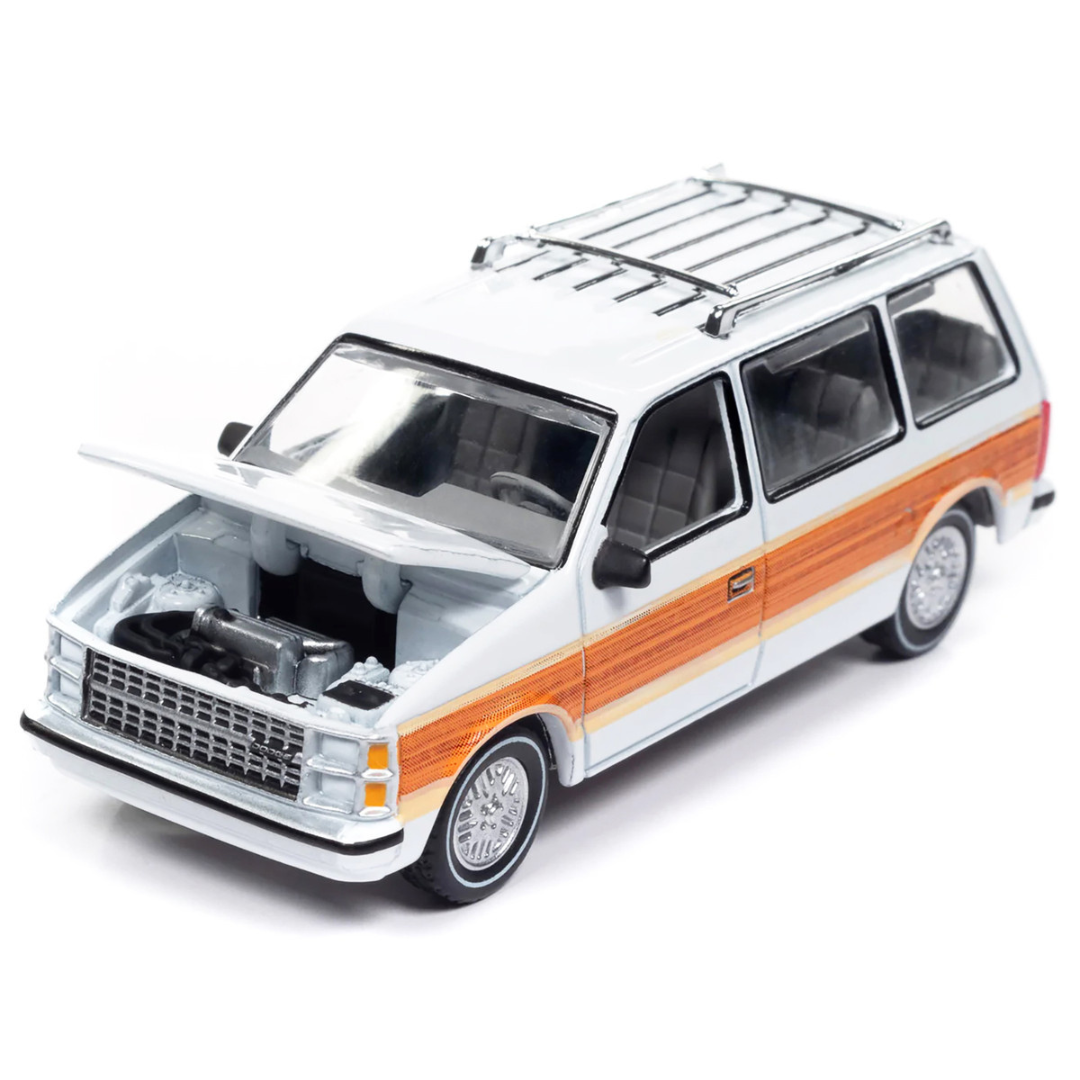 1985 Dodge Caravan Van White with Woodgrain Side Panels "Mighty Minivans" Series 1/64 Diecast Model Car