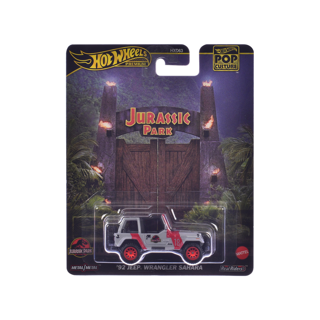 1992 Jeep Wrangler Sahara Gray with Red Stripes "Jurassic Park" (1993) Movie "Pop Culture" Series Diecast Model Car by Hot Wheels
