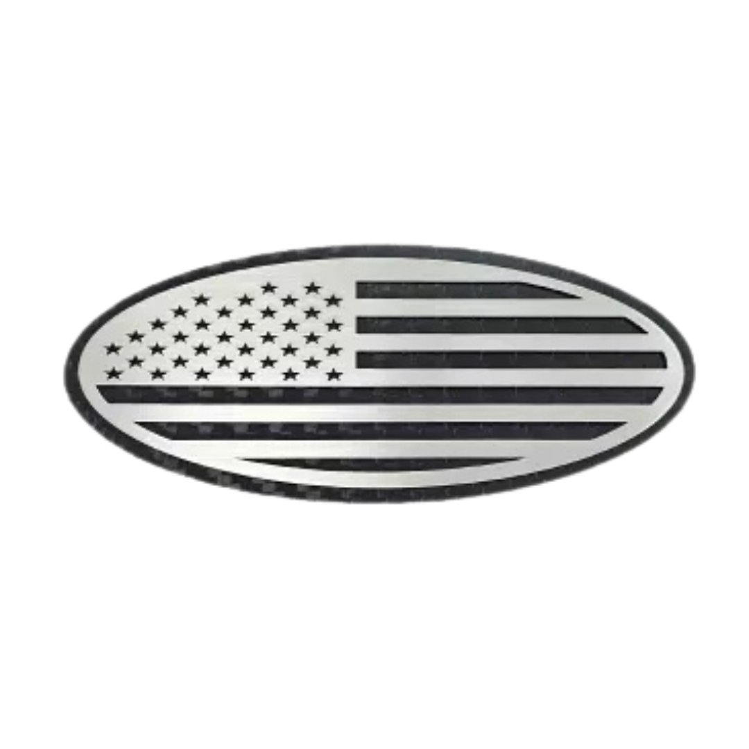 1999-2007 Ford F-250/F-350 Super Duty Tailgate Emblem Replacement Carbon Fiber Base w/ Brushed American Flag Top Plate - American Car Craft