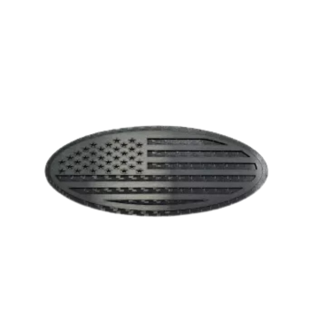 1999-2007 Ford F-250/F-350 Super Duty Tailgate Emblem Replacement Carbon Fiber Base w/ Black Brushed American Flag Top Plate - American Car Craft
