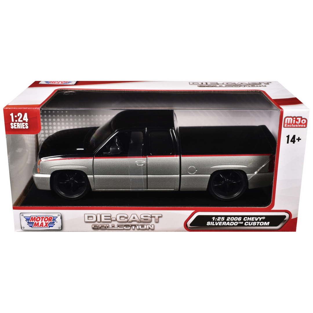 2006 Chevrolet Silverado Custom Pickup Truck Silver Metallic and Black with Red Stripes "Die-Cast Collection" Series 1/25 Diecast Model Car