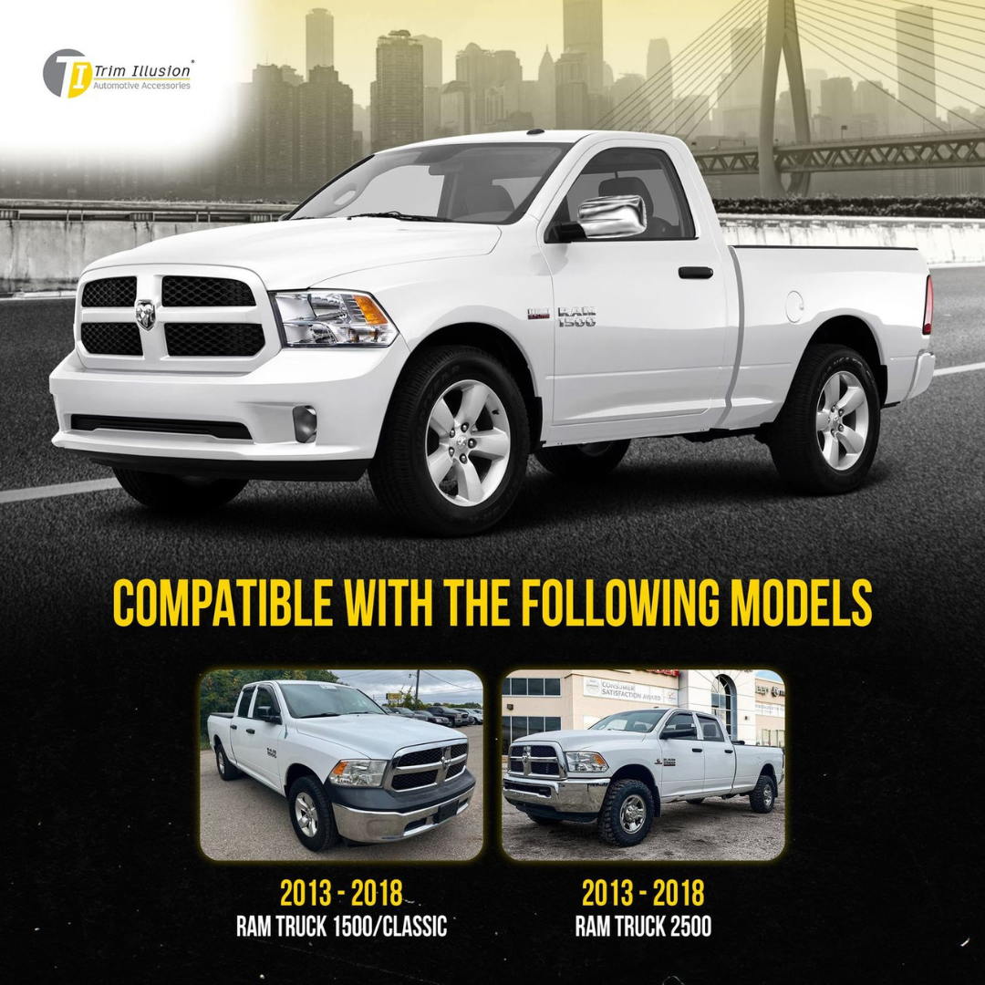 2009-2010 Dodge Ram 1500, 11-18 Ram 1500, 19-23 Ram 1500 Classic 2 PCS No Turn Signal Full Chrome Tape-on Mirror Cover