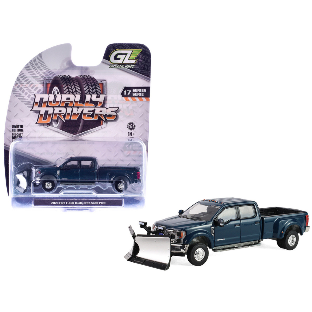 2022 Ford F-450 Dually Pickup Truck with Snow Plow Antimatter Blue Metallic "Dually Drivers" Series 17 1/64 Diecast Model Car