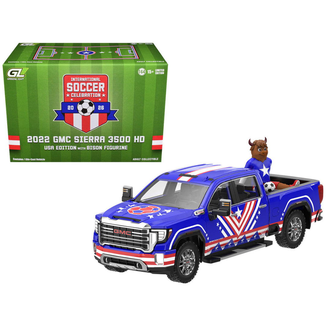 2022 GMC Sierra 3500 HD Pickup Truck Blue with American Soccer Graphics with Bison Figure "International Soccer Celebration '26" Series 1/64 Diecast Model Car