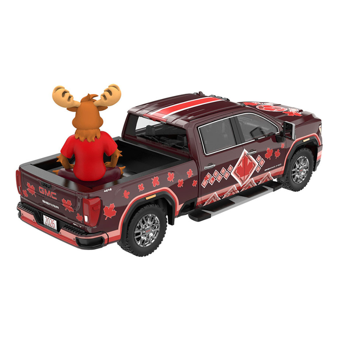2022 GMC Sierra 3500 HD Pickup Truck Dark Red with Canadian Soccer Graphics with Moose Figure "International Soccer Celebration '26" Series 1/64 Diecast Model Car
