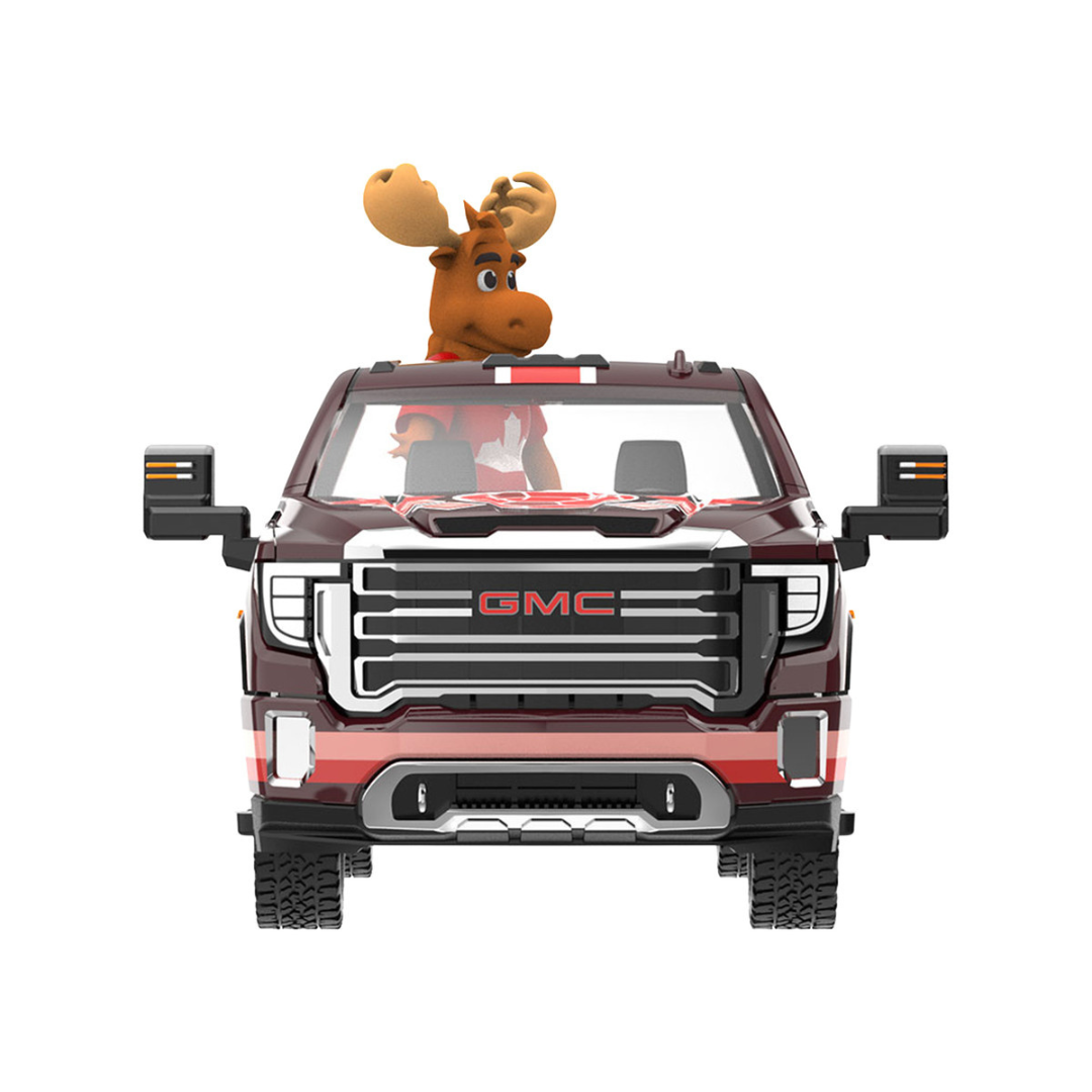 2022 GMC Sierra 3500 HD Pickup Truck Dark Red with Canadian Soccer Graphics with Moose Figure "International Soccer Celebration '26" Series 1/64 Diecast Model Car