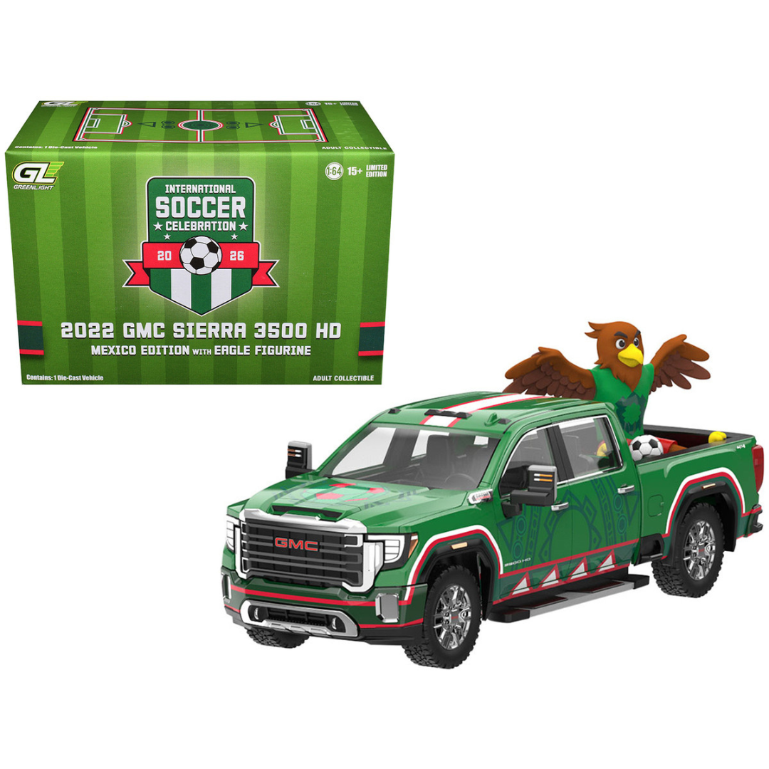 2022 GMC Sierra 3500 HD Pickup Truck Green with Mexican Soccer Graphics with Eagle Figure "International Soccer Celebration '26" Series 1/64 Diecast Model Car