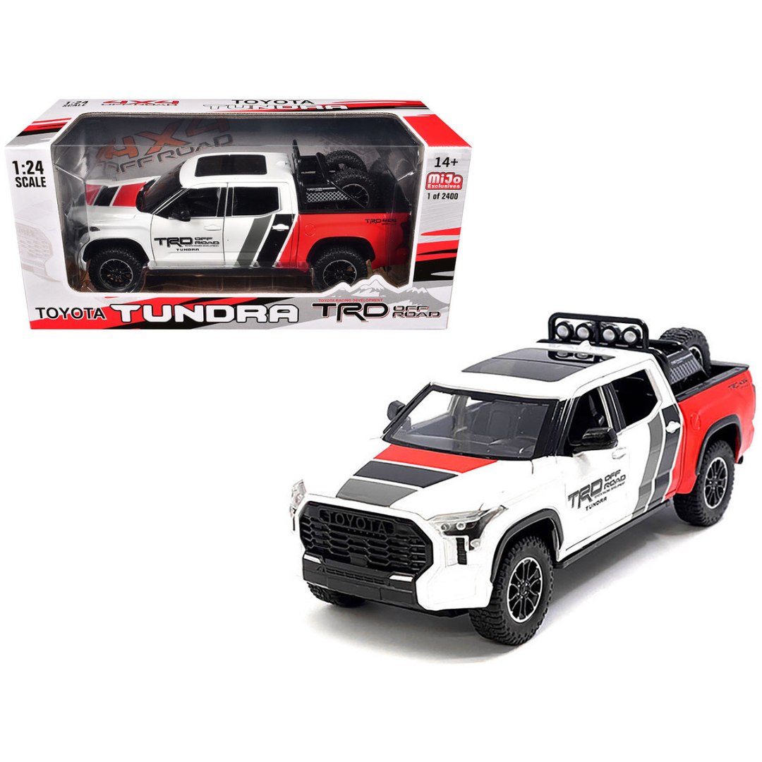 2023 Toyota Tundra TRD 4x4 Pickup Truck White and Red with Black and Gray Stripes with Sunroof and Wheel Rack Limited Edition to 2400 pieces Worldwide 1/24 Diecast