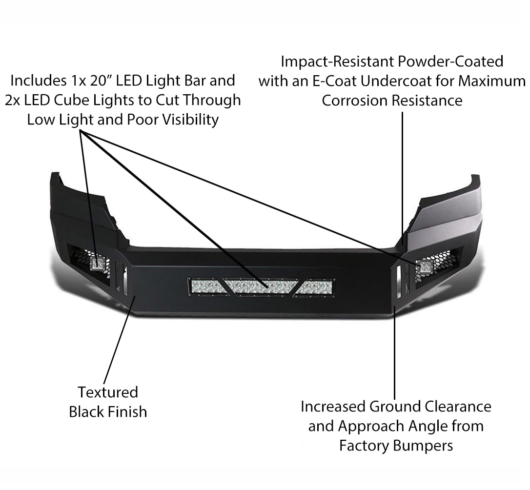 2015-2020 Chevrolet Colorado Armour Heavy Duty Front Bumper Kit Armour I Front Bumper Includes 1 20in LED Light Bar, 2 sets of 4in cube lights | Black Horse Off Road - Image 6