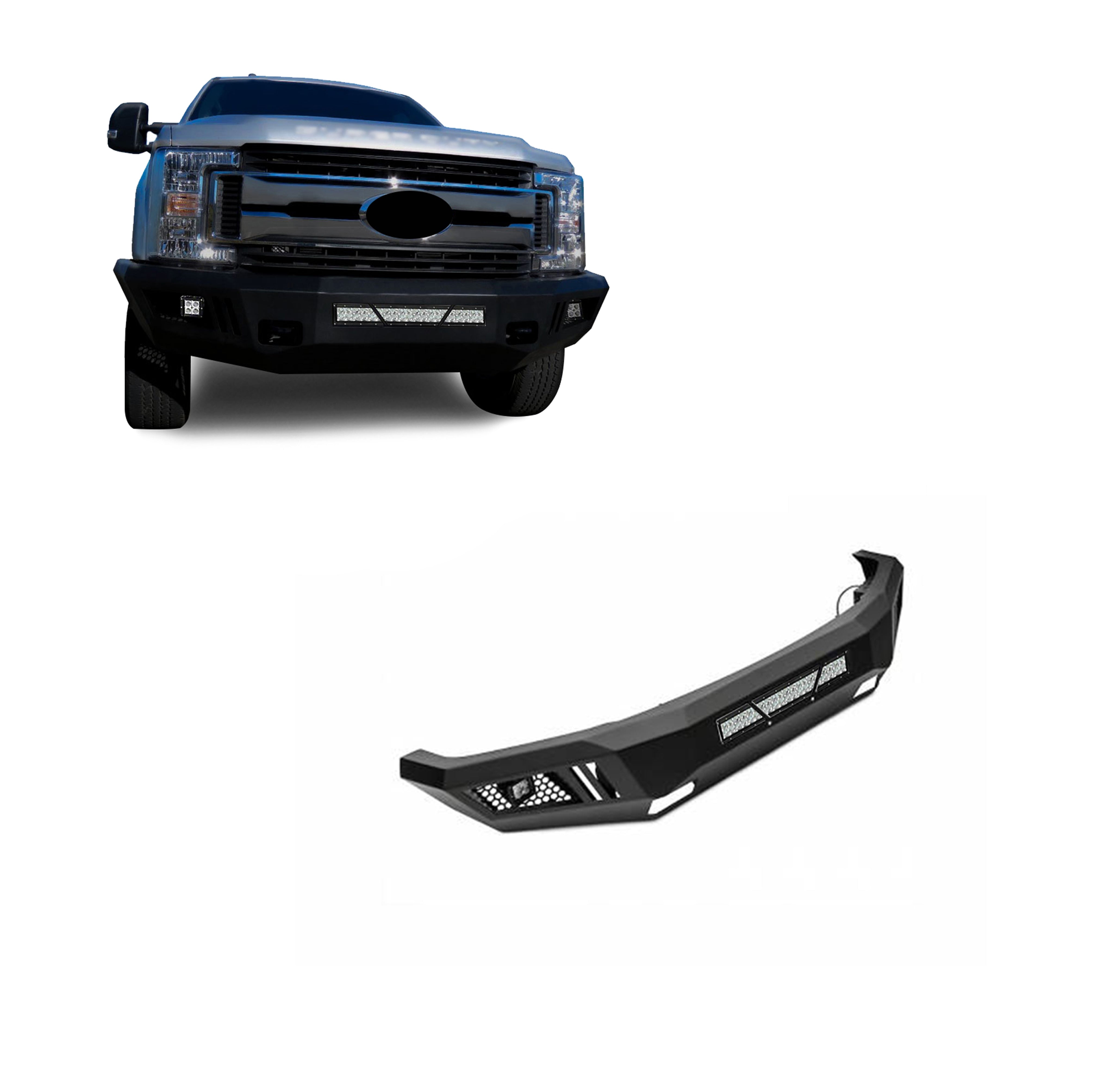 2017-2022 Ford F-250 Super Duty Armour Heavy Duty Front Bumper Kit Armour I Front Bumper Includes 1 20in LED Light Bar, 2 sets of 4in cube lights | Black Horse Off Road - Image 1