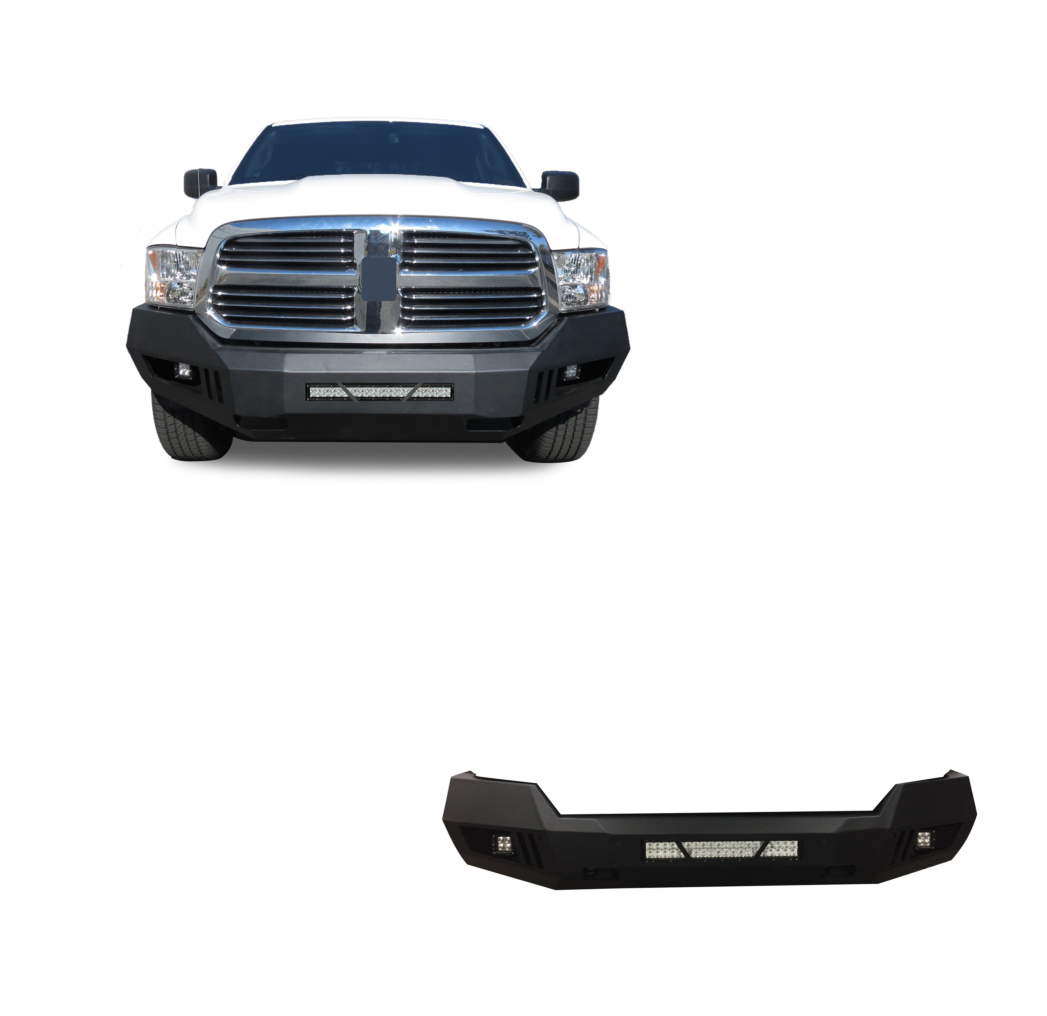 2013-2024 Dodge Ram 1500 Armour Heavy Duty Front Bumper Kit Armour I Front Bumper Includes 1 20in LED Light Bar, 2 sets of 4in cube lights | Black Horse Off Road - Image 1