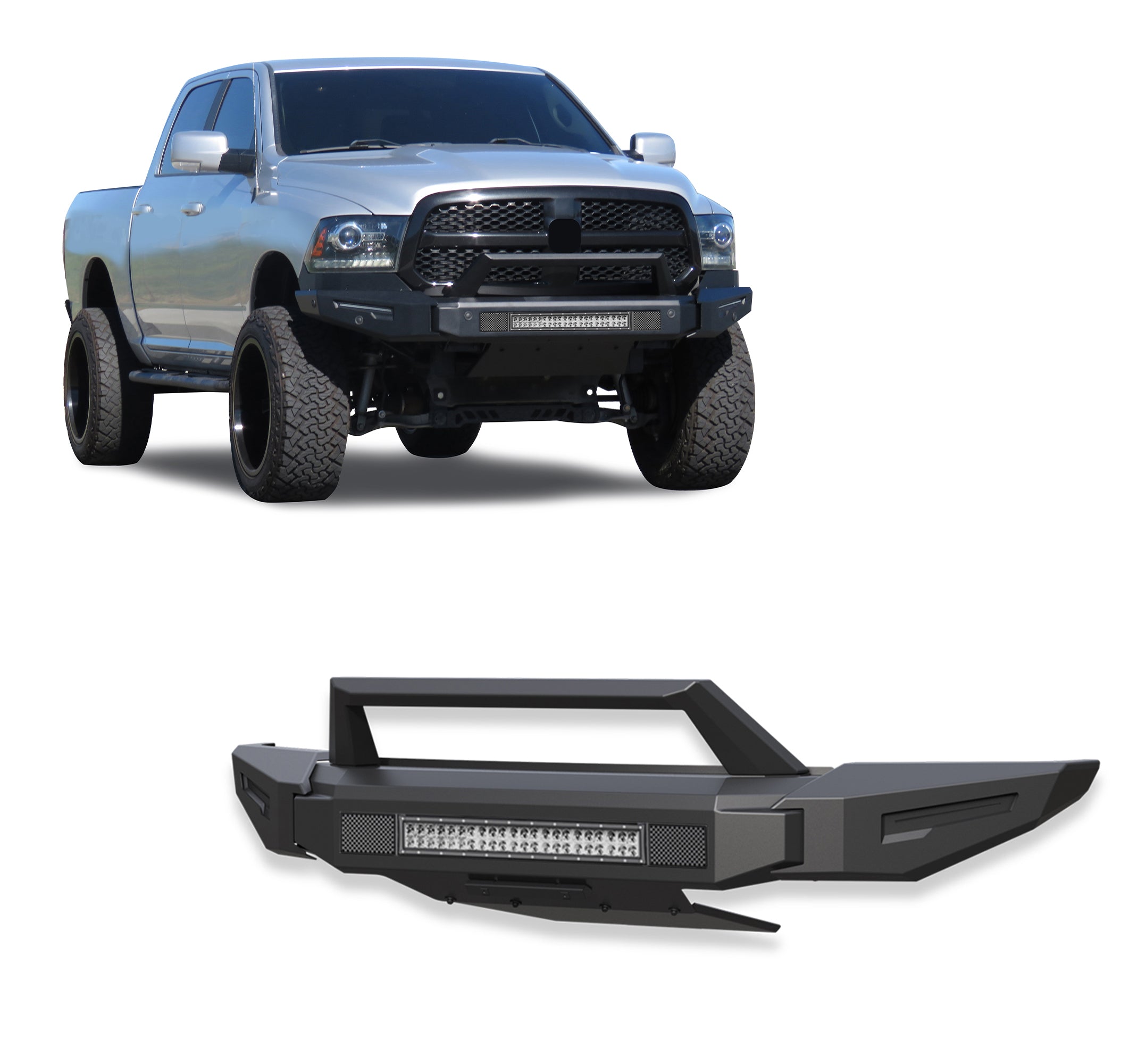2013-2024 Dodge Ram 1500 Armour Ii Heavy Duty Modular Front Bumper Kit Modular Full Set (Bumper, Bull Nose, & Skid Plate)& Includes 1 20in Double Row LED Light Bar | Black Horse Off Road - Image 1