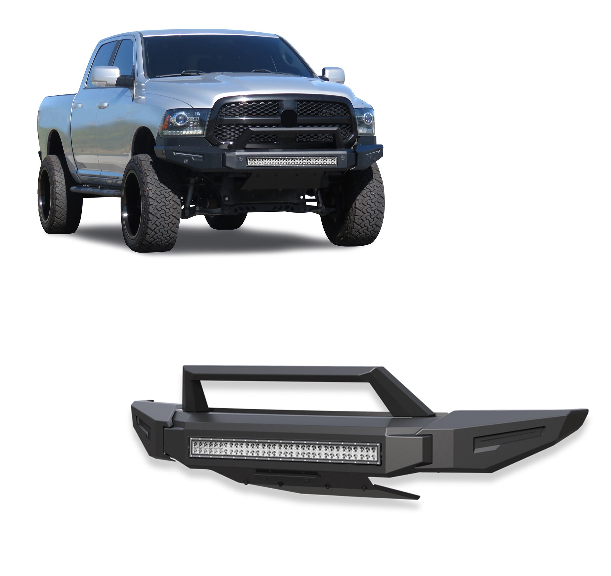 2013-2024 Dodge Ram 1500 Armour Ii Heavy Duty Modular Front Bumper Kit Modular Full Set (Bumper, Bull Nose, & Skid Plate)& Includes 1 30in LED Light Bar | Black Horse Off Road - Image 1