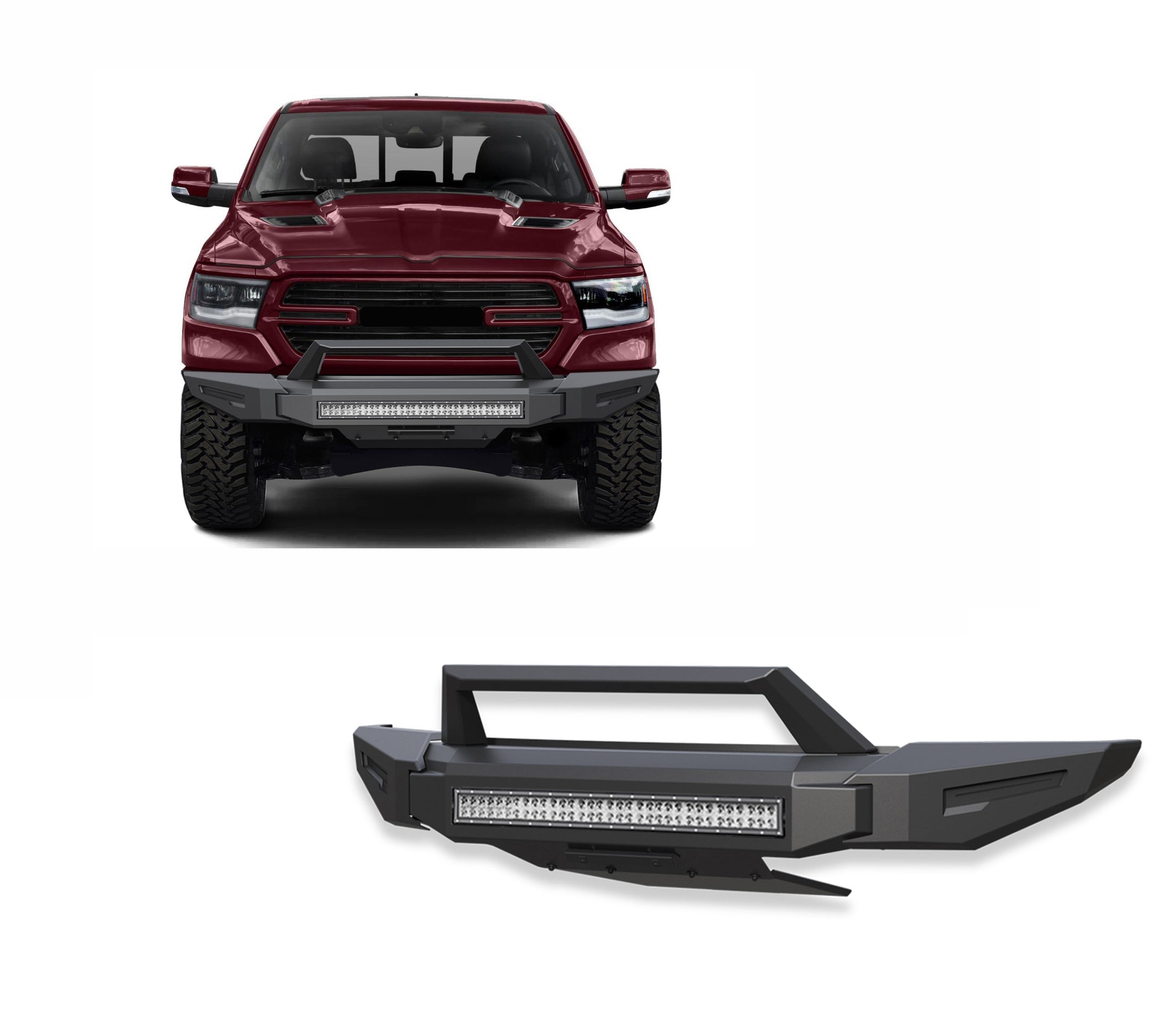 2019-2024 Dodge Ram 1500 Armour Ii Heavy Duty Modular Front Bumper Kit Modular Includes 1 30in LED Light Bar, 2 sets of 4in cube lights | Black Horse Off Road - Image 1