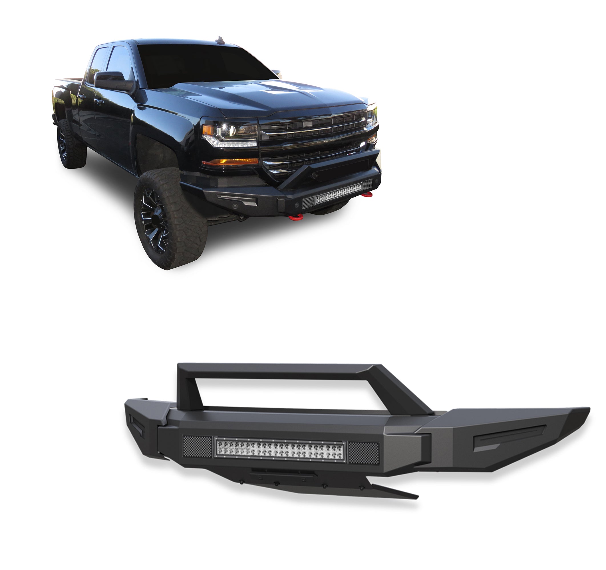 2016-2019 Chevrolet Silverado 1500 Armour Ii Heavy Duty Modular Front Bumper Kit Modular Full Set (Bumper, Bull Nose, & Skid Plate)& Includes 1 20in Double Row LED Light Bar | Black Horse Off Road - Image 1