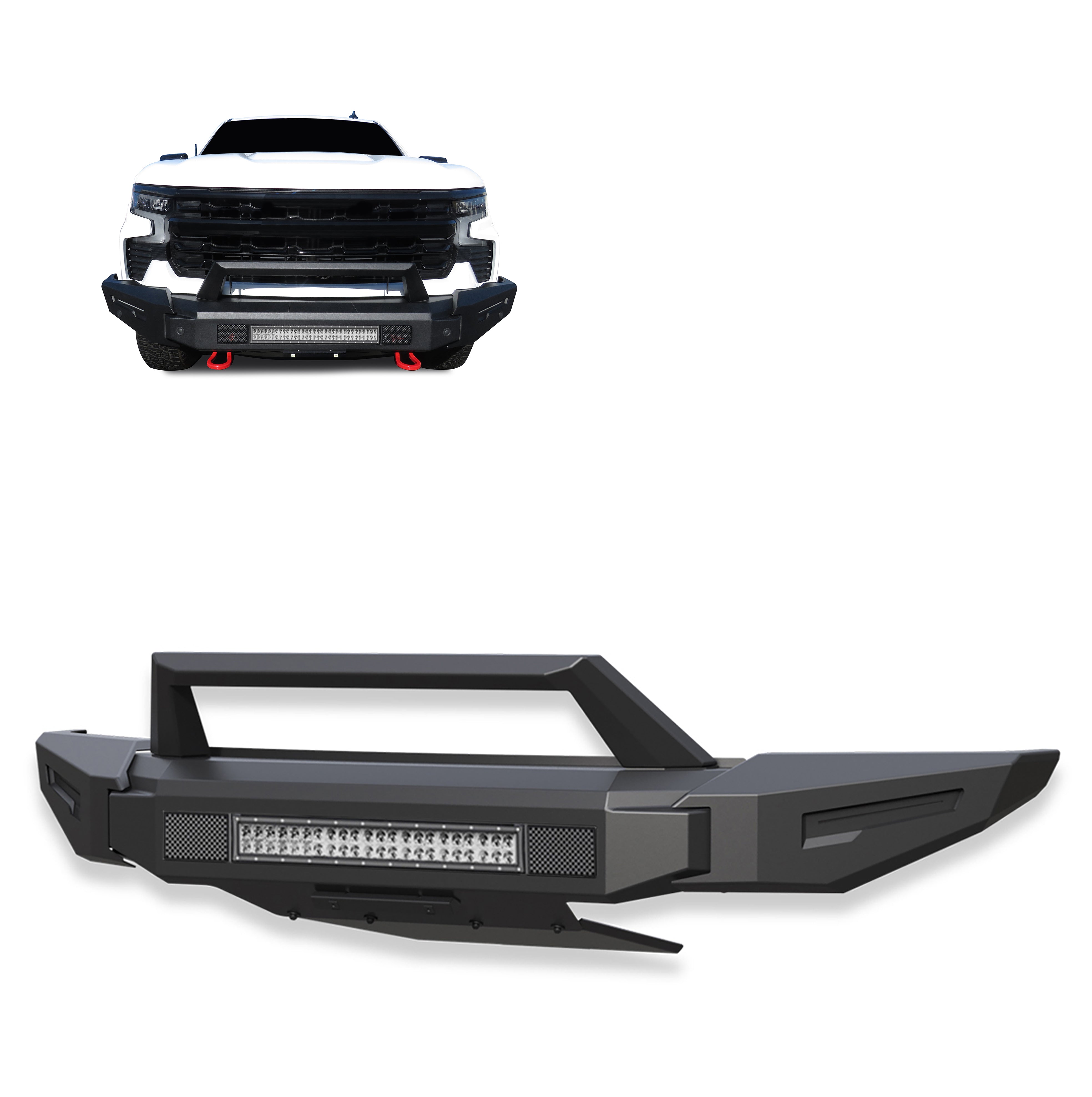 2022-2026 Chevrolet Silverado 1500 Armour Ii Heavy Duty Modular Front Bumper Kit Modular Full Set (Bumper, Bull Nose, & Skid Plate)& Includes 1 20in Double Row LED Light Bar | Black Horse Off Road - Image 1