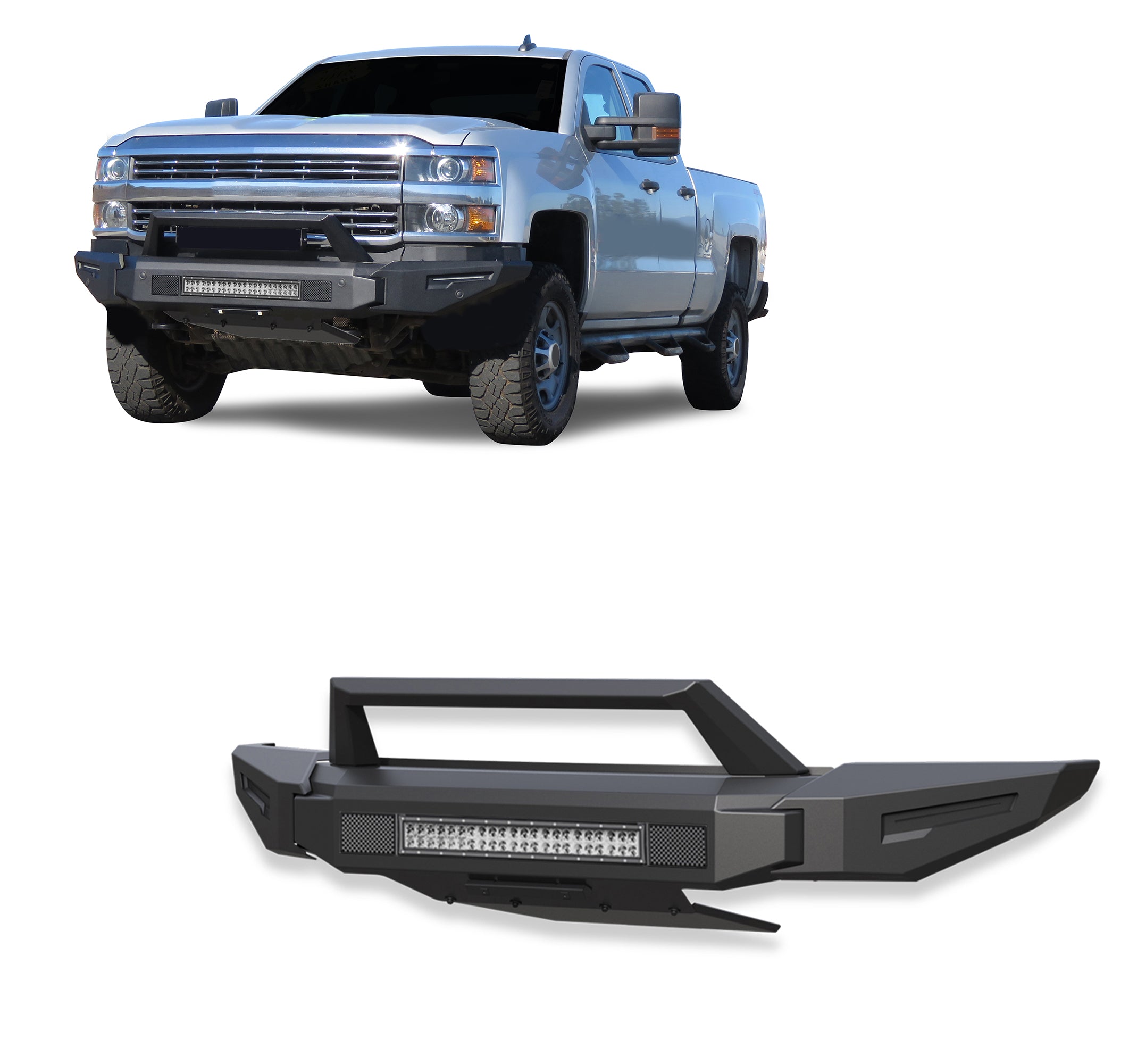 2015-2019 Chevrolet Silverado 2500 Hd Armour Ii Heavy Duty Modular Front Bumper Kit Modular Full Set (Bumper, Bull Nose, & Skid Plate)& Includes 1 20in Double Row LED Light Bar | Black Horse Off Road - Image 1